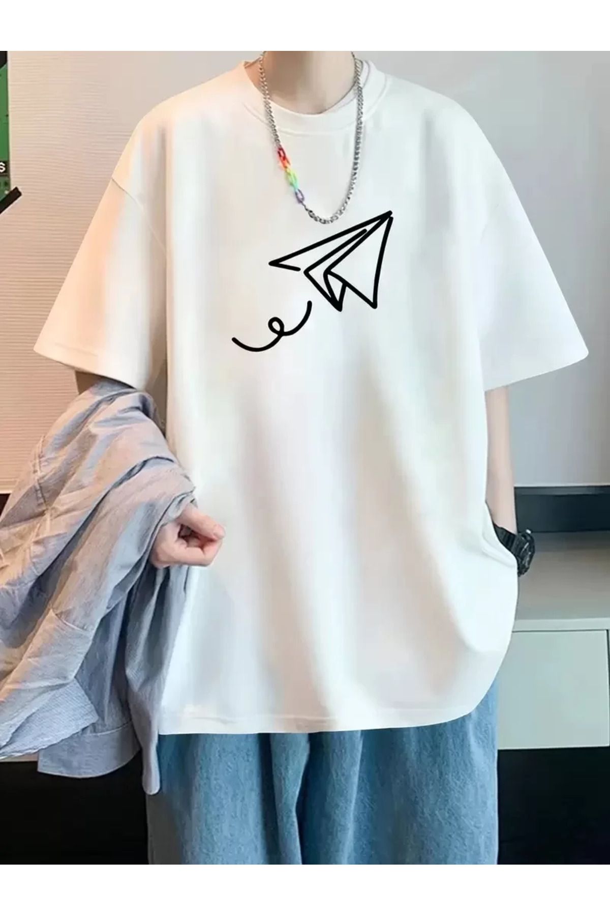 REKA MODA Baskılı Oversize Bisiklet Yaka T-shirt - Beyaz