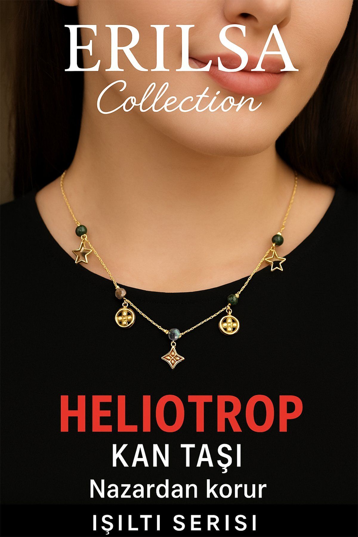 Erilsa Sertifikalı Gold Heliotrop - Kan Taşı Şans Charm Kolye - Işıltı Serisi