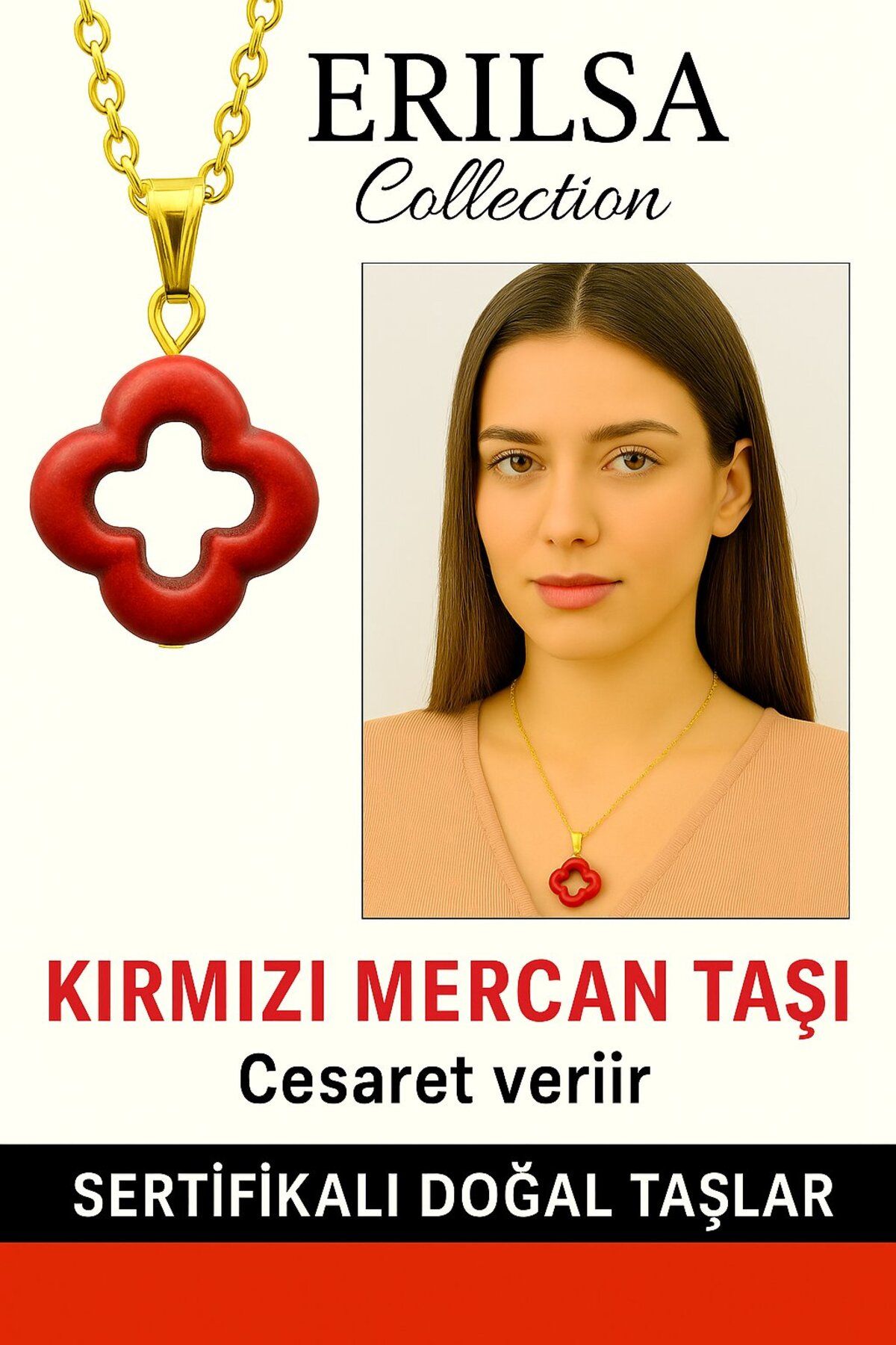 Erilsa Sertifikalı Gold Yonca Model Kırmızı Mercan Taşı Kolye Cesaret Verir