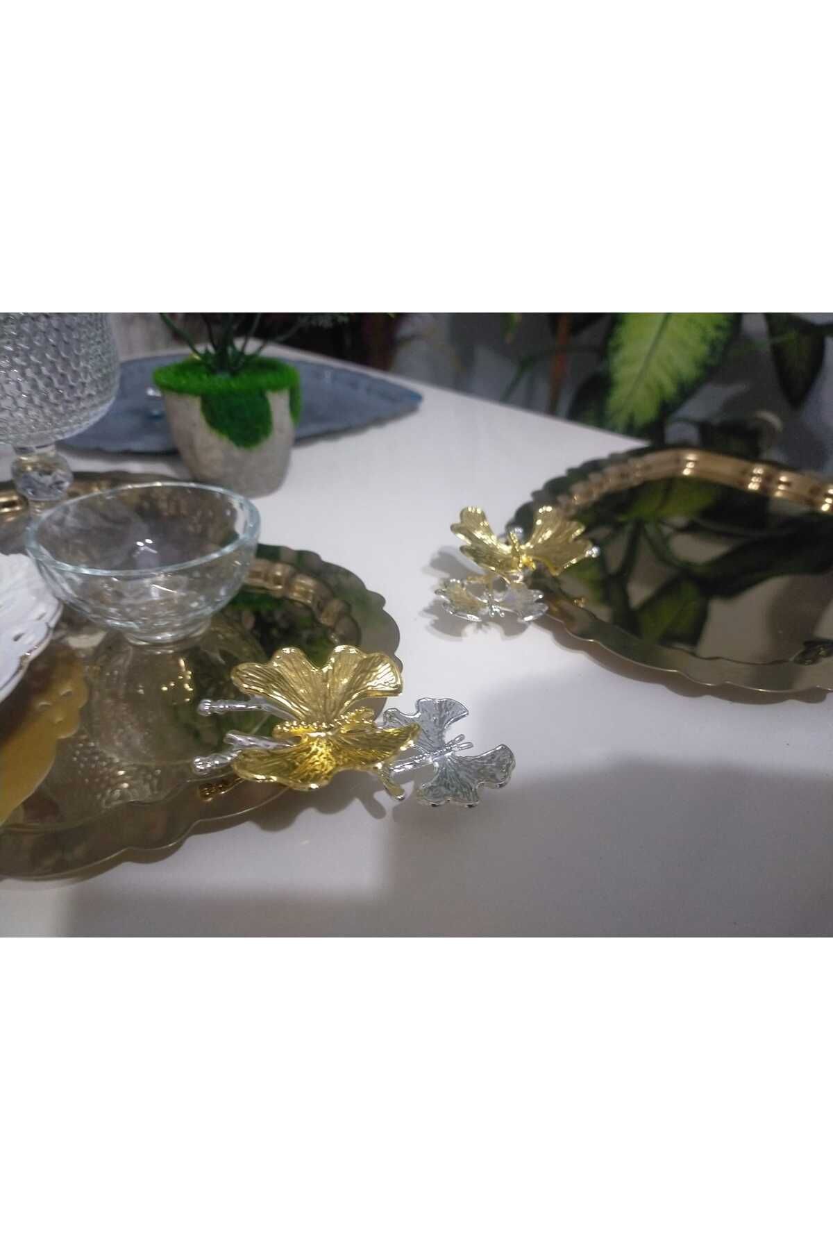 SUN INOX STORE 6 Adet Kalpli Model Gold Kelebek aksesuarlı Dekoratif Çay Kahve Sunum Tepsisi