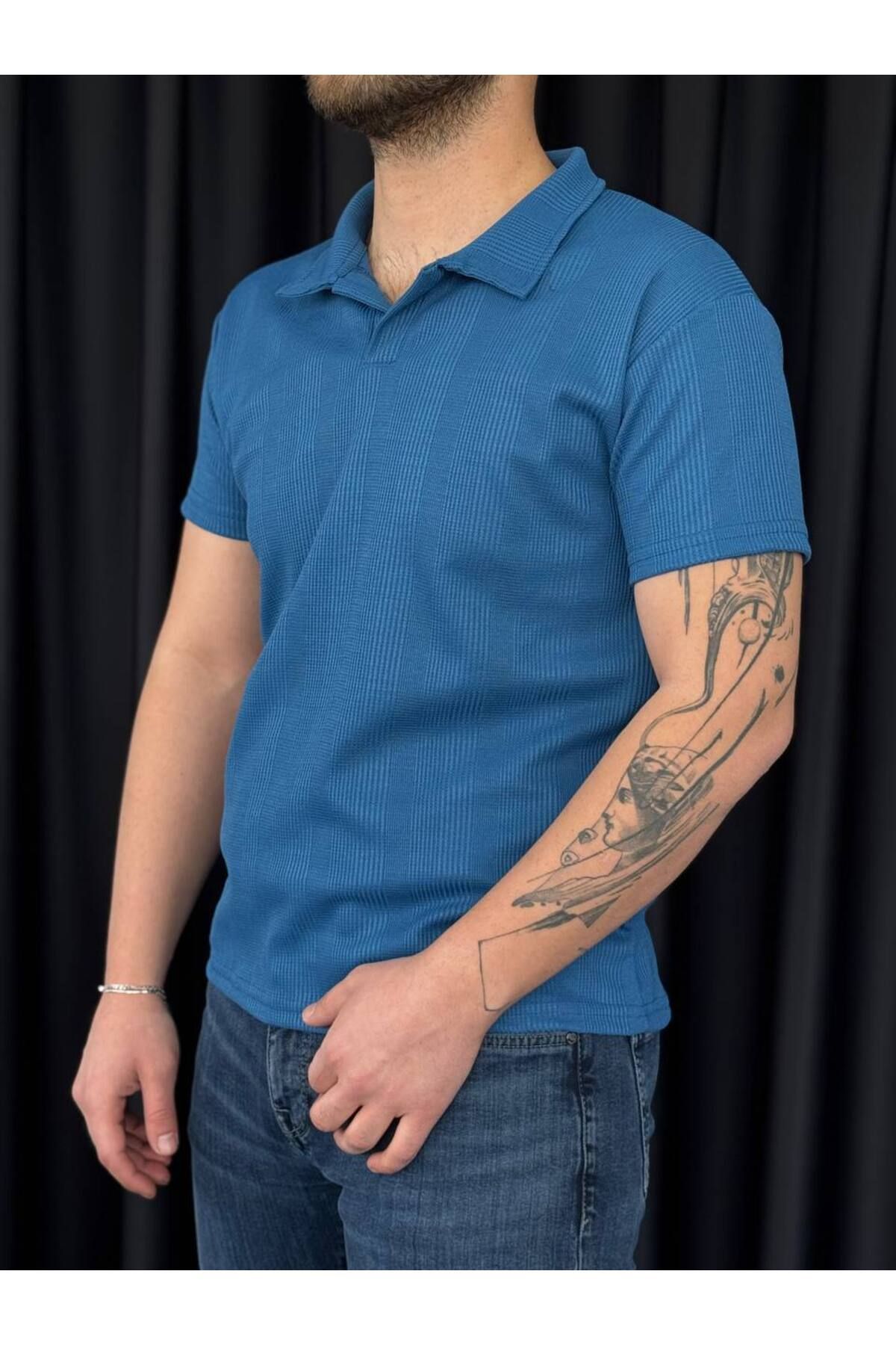 VOGUEMET ✅ Polo Yaka Erkek T-shirt – Petekli Kumaş, Şık ve Serin Tutar