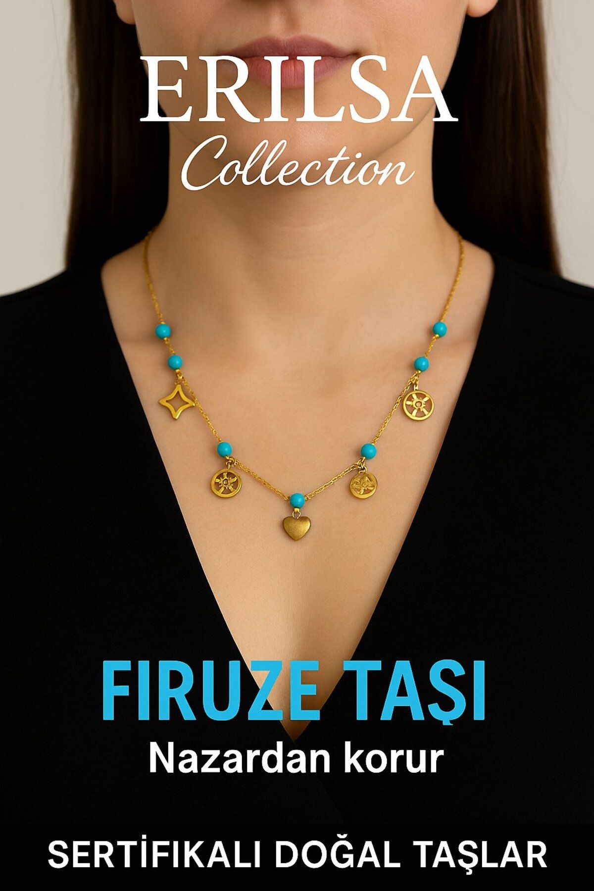 Erilsa Sertifikalı Gold Firuze - Turkuaz Taşı Şans Charm Kolye - Işıltı Serisi