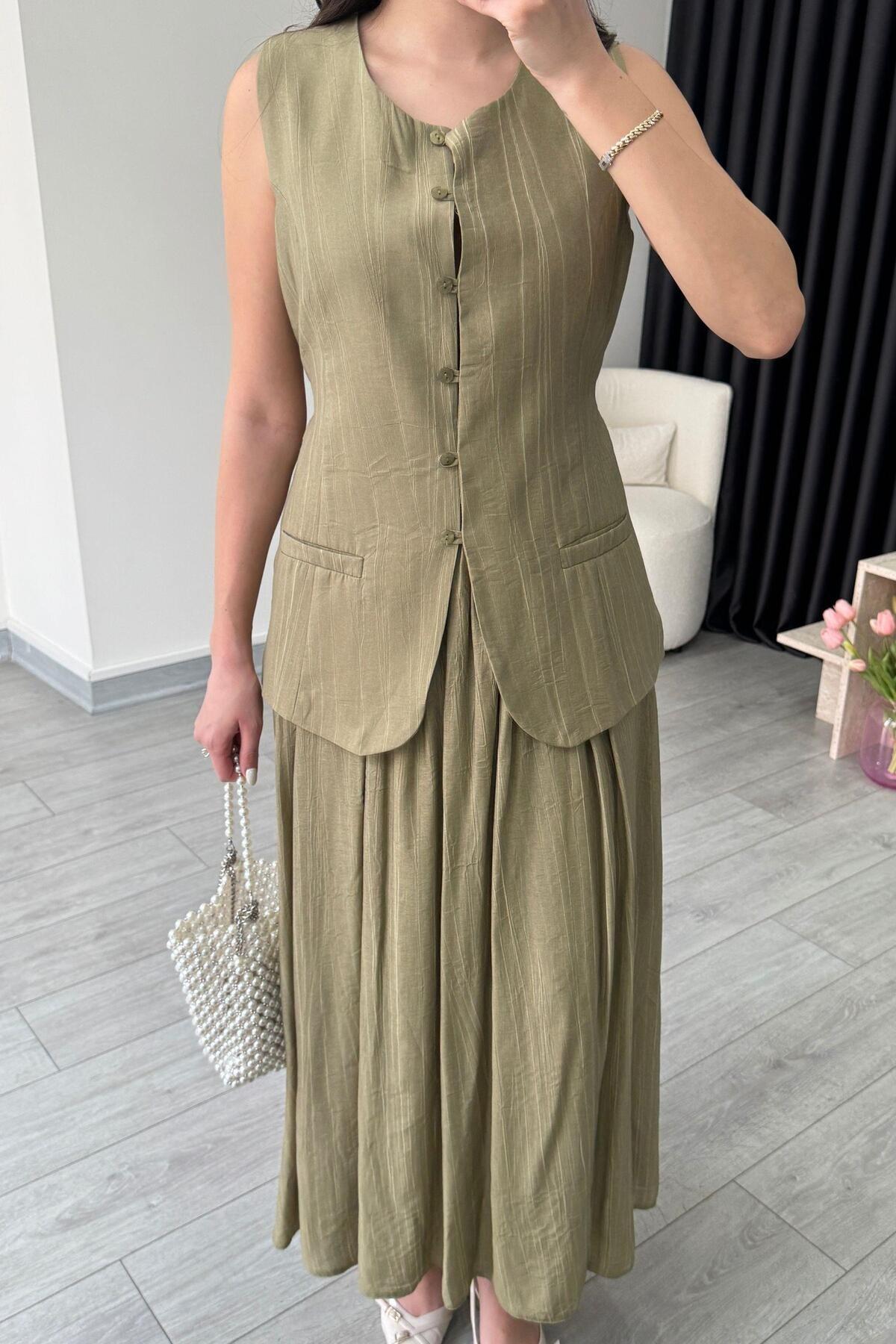 ECEMİ-Lined Light Khaki Vest Skirt Suit 2