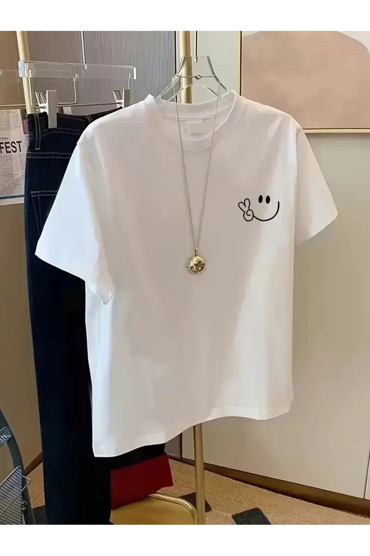 REKA MODA Baskılı Oversize Bisiklet Yaka T-shirt - Beyaz