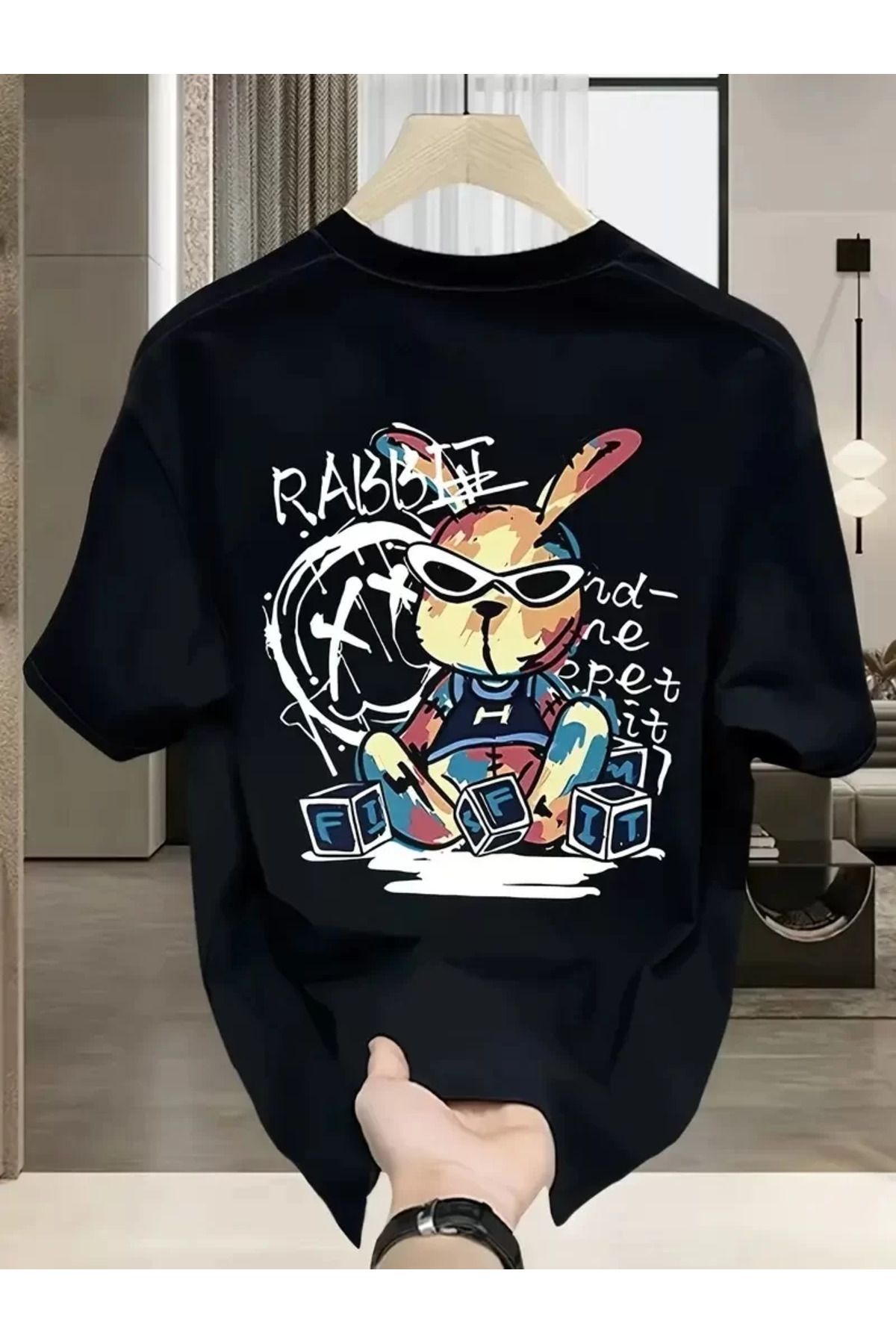 REKA MODA Baskılı Oversize Bisiklet Yaka T-shirt - Siyah