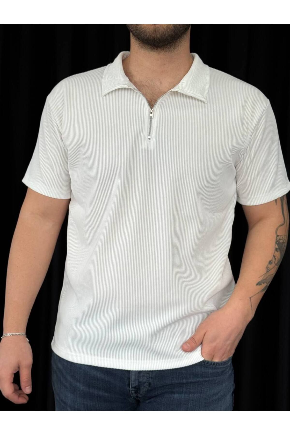 VOGUEMET ✅ Erkek Ottoman Kumaş T-shirt – Polo Yaka, Yarım Fermuar Detaylı