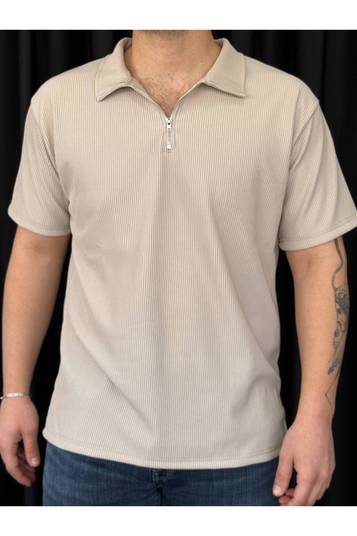 VOGUEMET ✅ Erkek Ottoman Kumaş T-shirt – Polo Yaka, Yarım Fermuar Detaylı