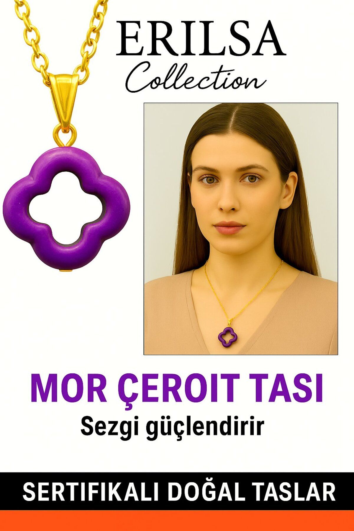Erilsa Sertifikalı Gold Yonca Model Mor Çeroit Taşı Kolye Sezgi Güçlendirir