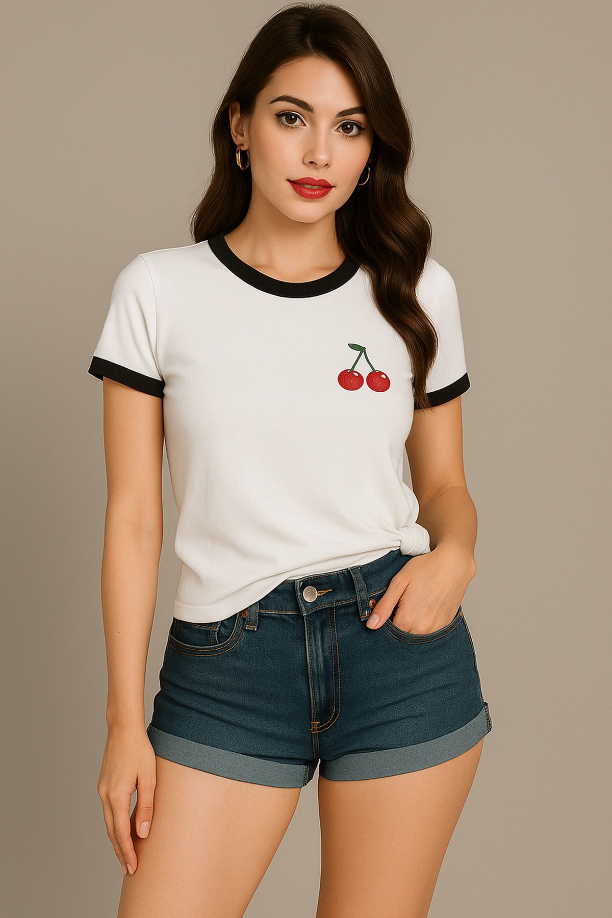 Sweetline Kiraz Baskılı T-Shirt - Beyaz Gövde Siyah Biyeli Oversize Bisiklet Yaka Kısa Kol Tişört