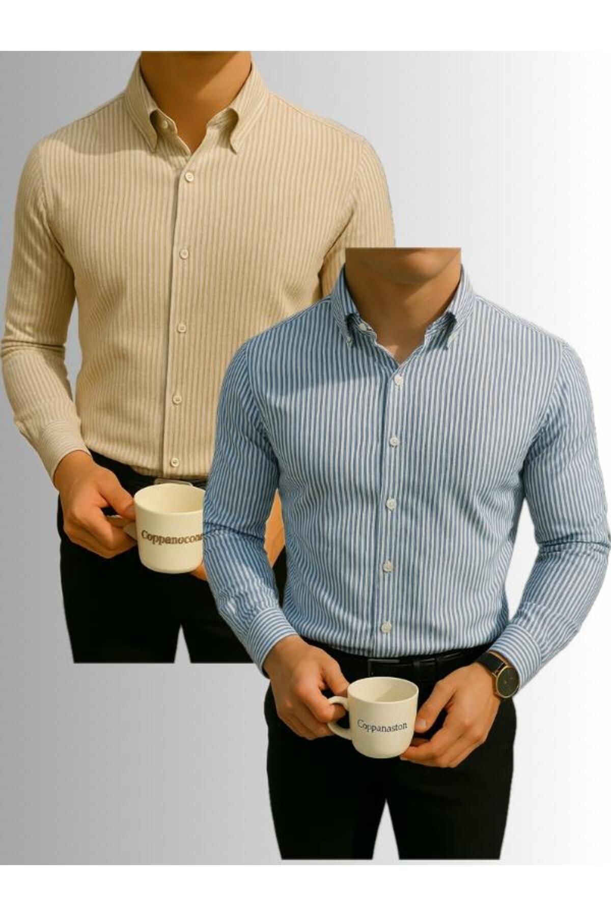 LC Waikiki 2'li Avantaj Slim Fit Uzun Kollu Düğmeli Kolay Ütü Çizgili Şık Premium Erkek Klasik Spor Gömlek