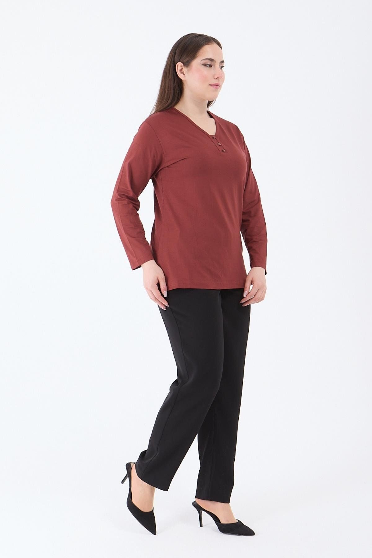Ravencia-Women's Middle Age and Above V-Neck Lycra Tile Mother Combed Cotton Blouse 3