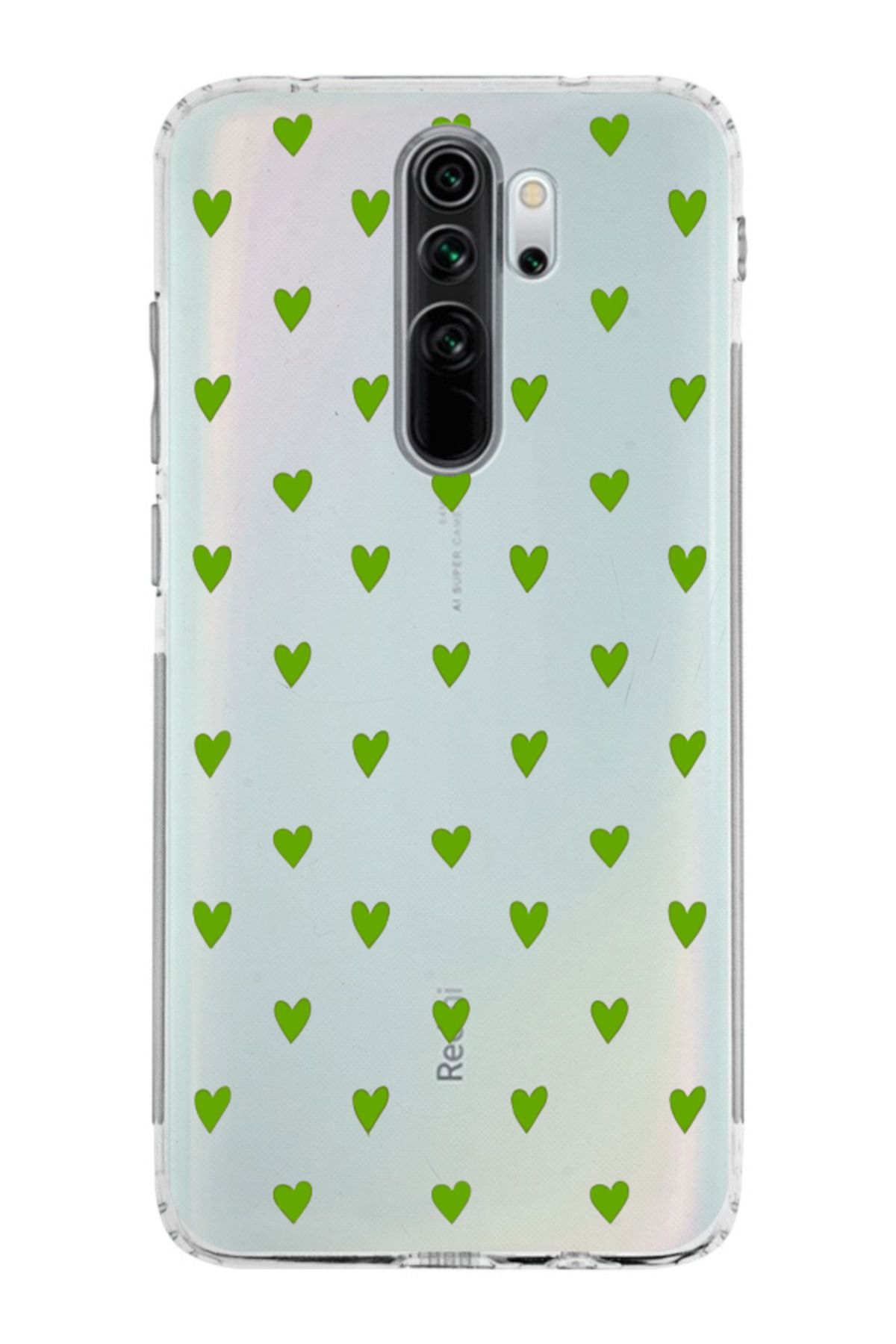 moonset Xiaomi Redmi Note 8 Pro Uyumlu Yeşil Kalpler Tasarımlı Baskılı Şeffaf Telefon Kılıfı