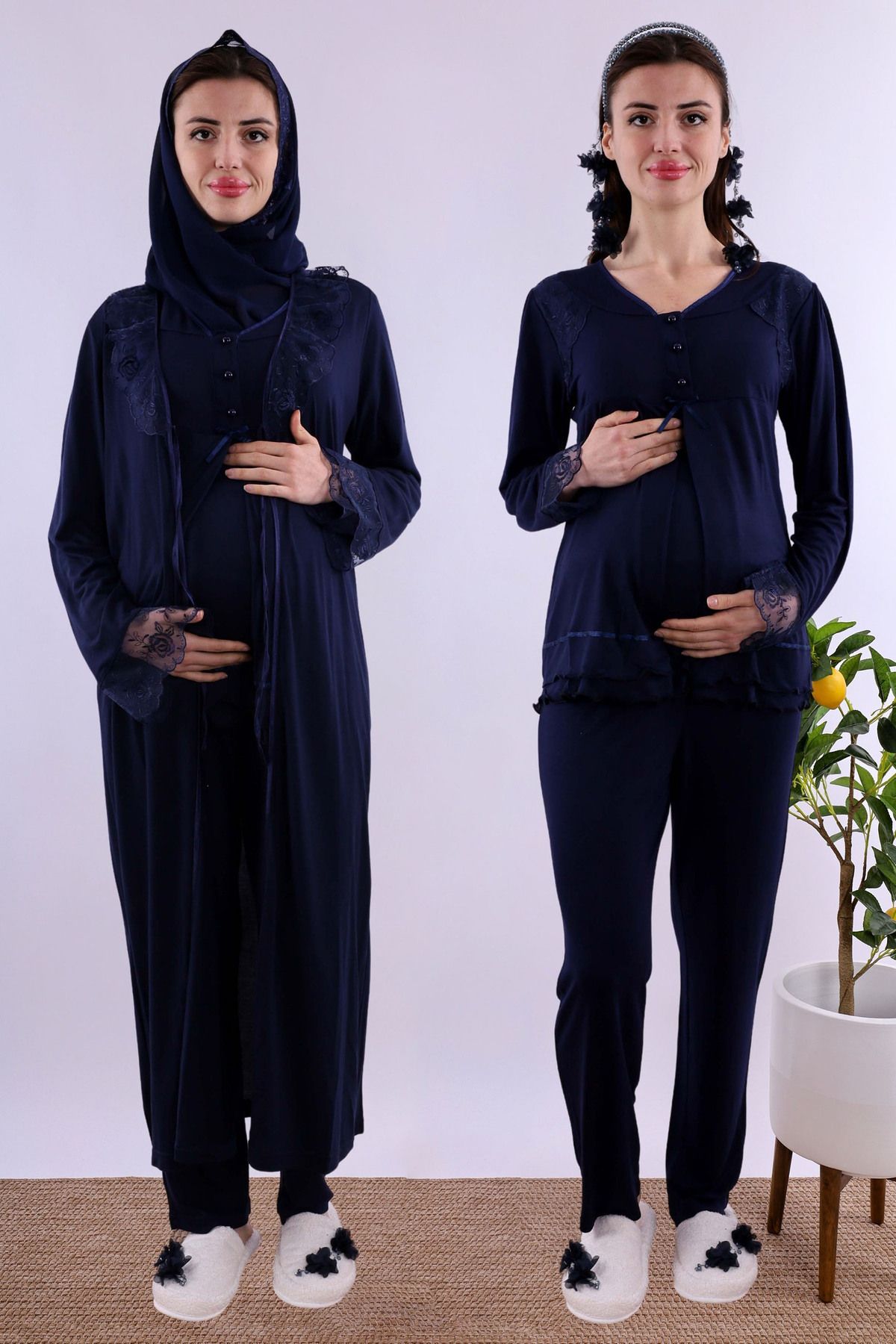 ByLohusa Effortt Lacivert Tesettürlü Sabahlıklı Hamile Lohusa Pijama Takımı Byl2t24242