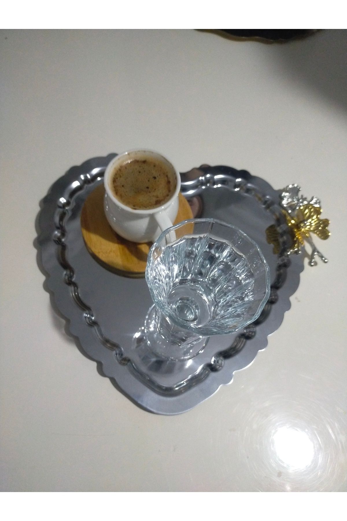 SUN INOX STORE 6 Adet Kalpli Model paslanmaz çelik Kelebek aksesuarlı Dekoratif Çay Kahve Sunum Tepsisi