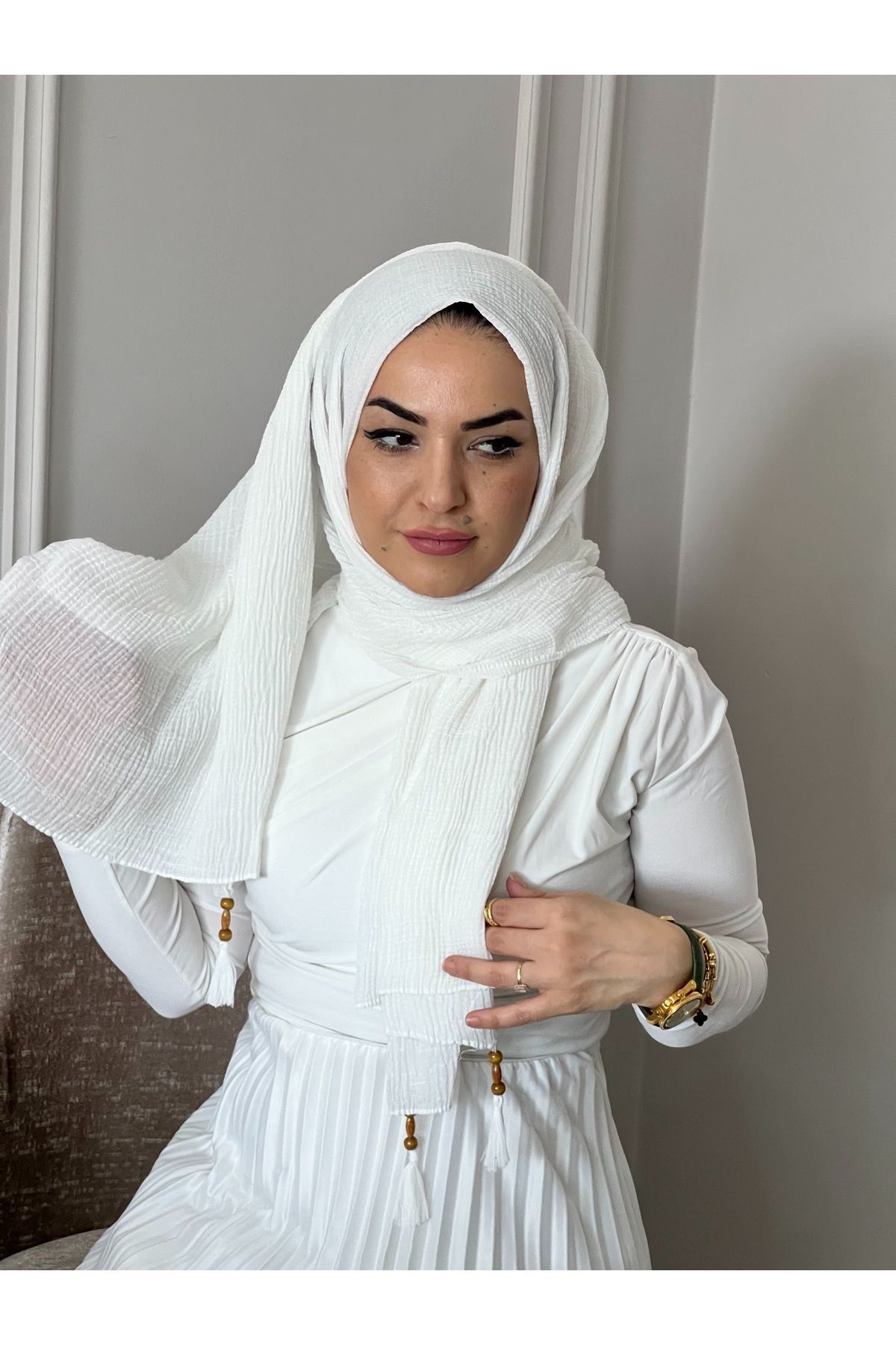 NEDEFİT Kadın Beyaz Müslin Pamuk Şal – Nefes Alabilir, Püsküllü Tesettür Şal