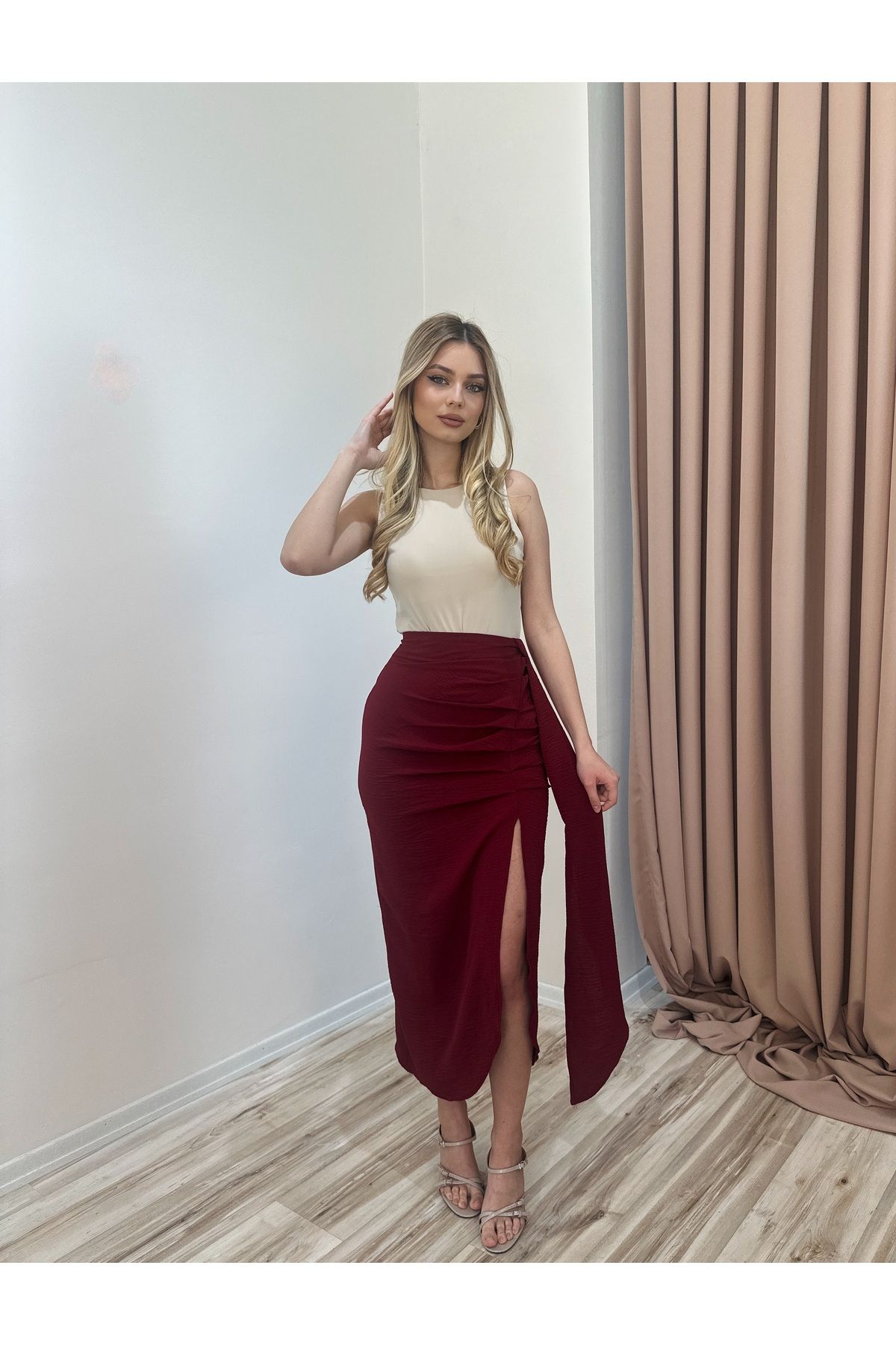 BY SE'MAS WEAR PREMİUM DRAPELİ YIRTMAÇLI KUŞAKLI KETEK KARIŞIMLI ETEK