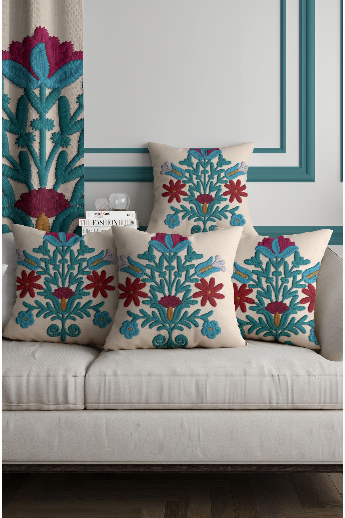 ALAMODECOR Punch Nakış Desenli Etnik Çiçek Model Çift Taraflı Dijital Baskılı 4lü Kırlent Kılıfı Seti
