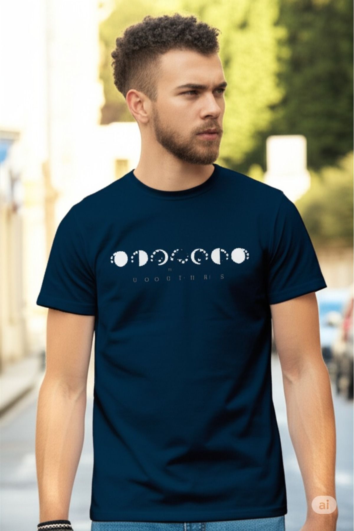ModaNesting Unisex Oversize Baskılı Lacibert T-shirt Bisiklet Yaka Tişört Yazlık T-shirt