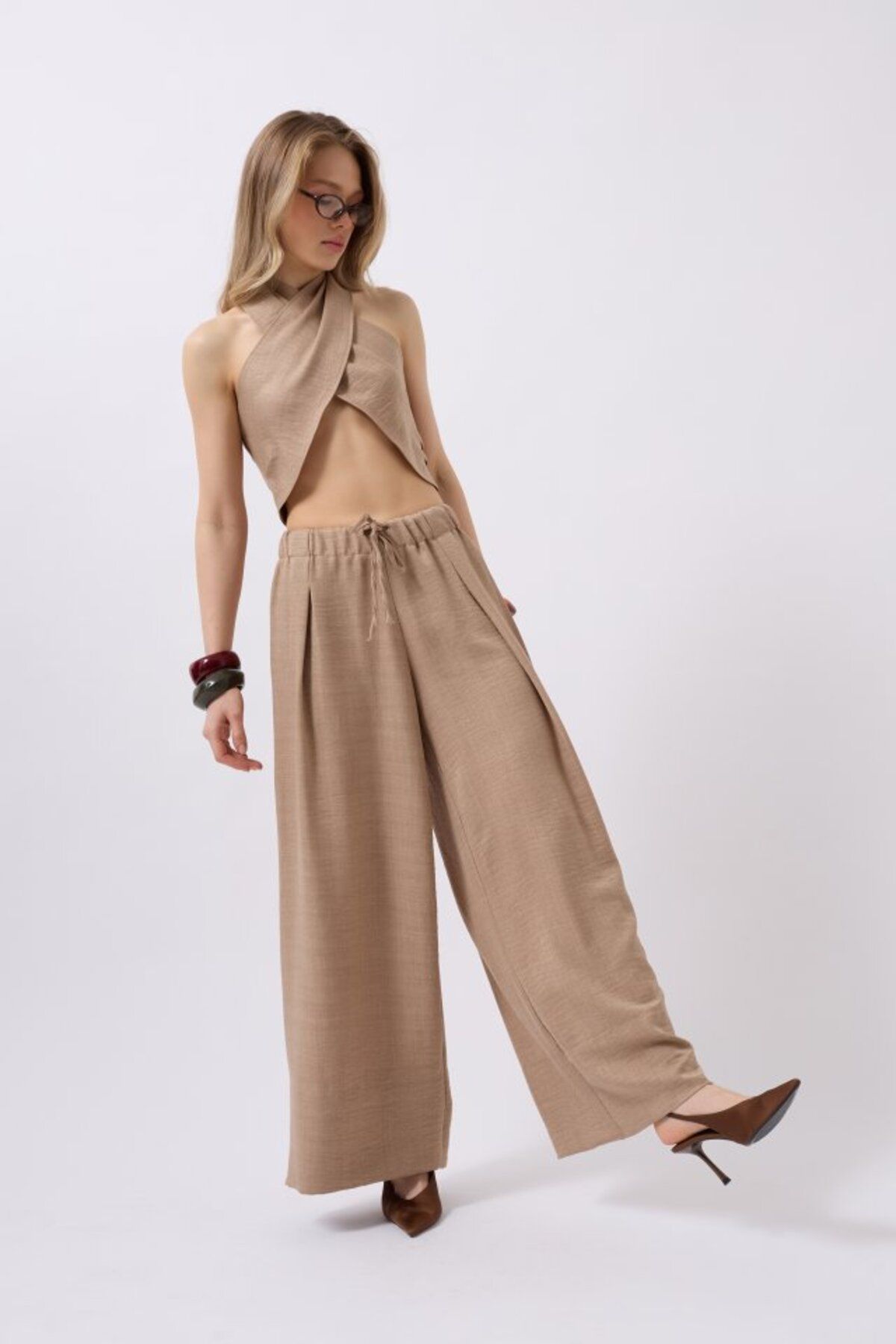 POLEXP Düşük Bel Oversize Keten Pantolon