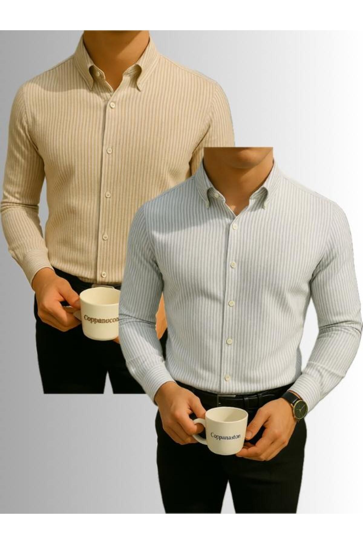 LC Waikiki 2'li Avantaj Slim Fit Uzun Kollu Düğmeli Kolay Ütü Çizgili Şık Premium Erkek Klasik Spor Gömlek