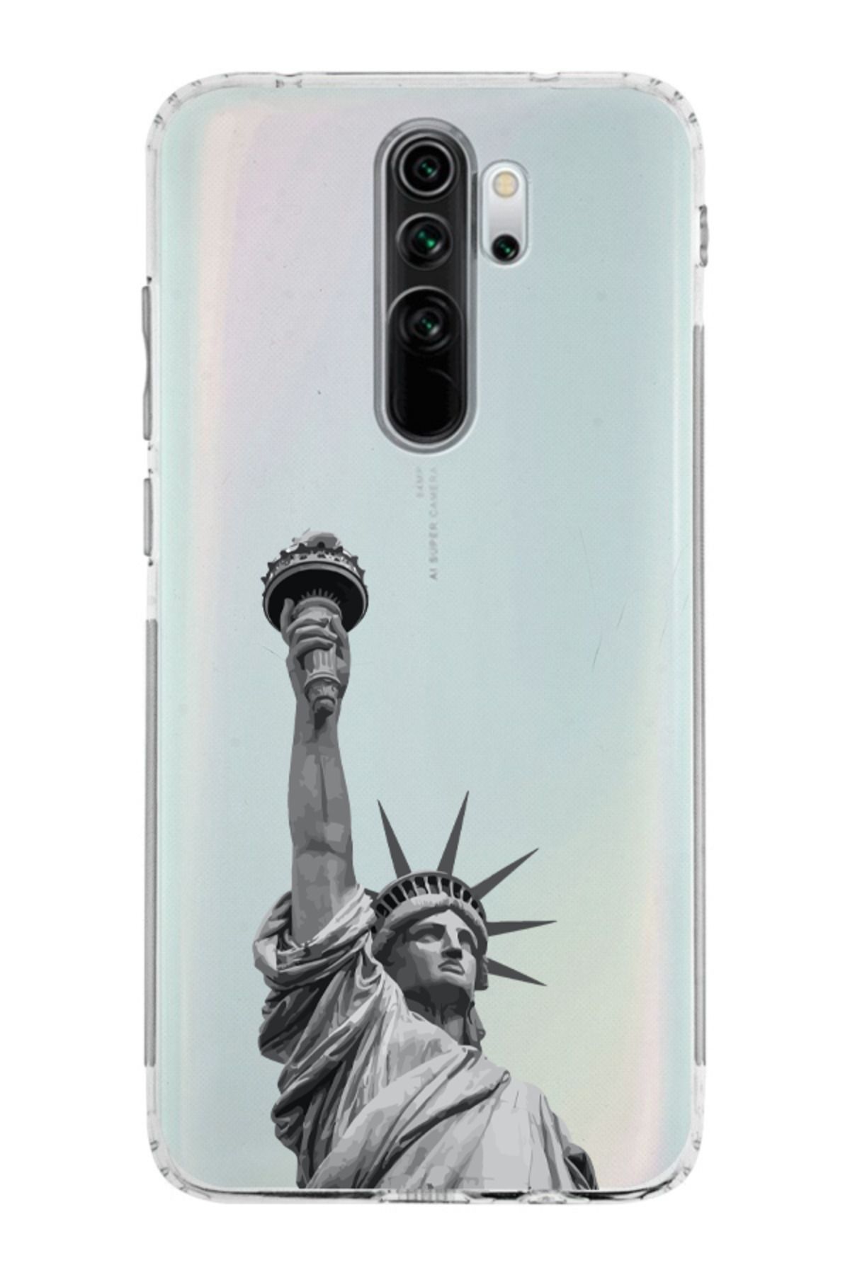 moonset Xiaomi Redmi Note 8 Pro Uyumlu Özgürlük Heykeli Tasarımlı Baskılı Şeffaf Telefon Kılıfı