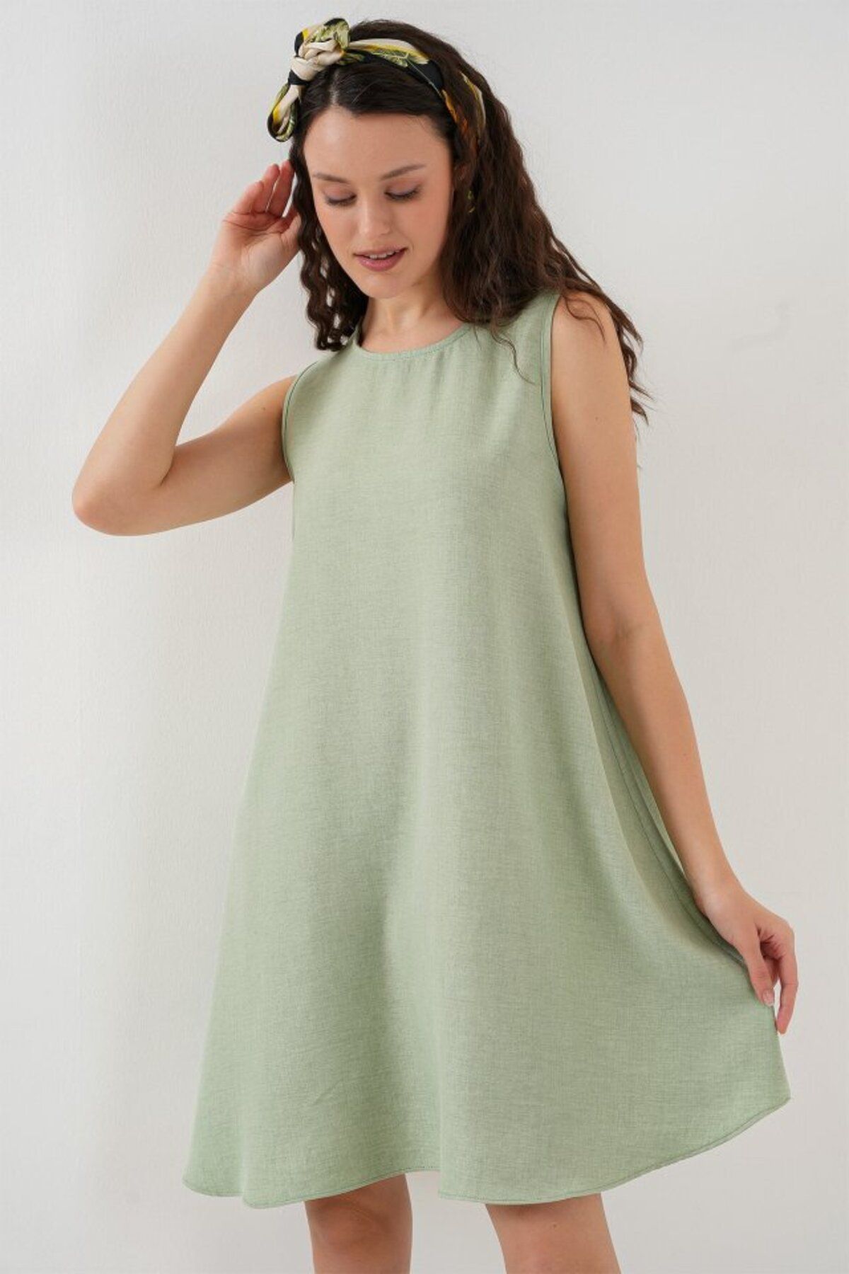 Şair 2444 Mini Keten Elbise - E.Yeşil