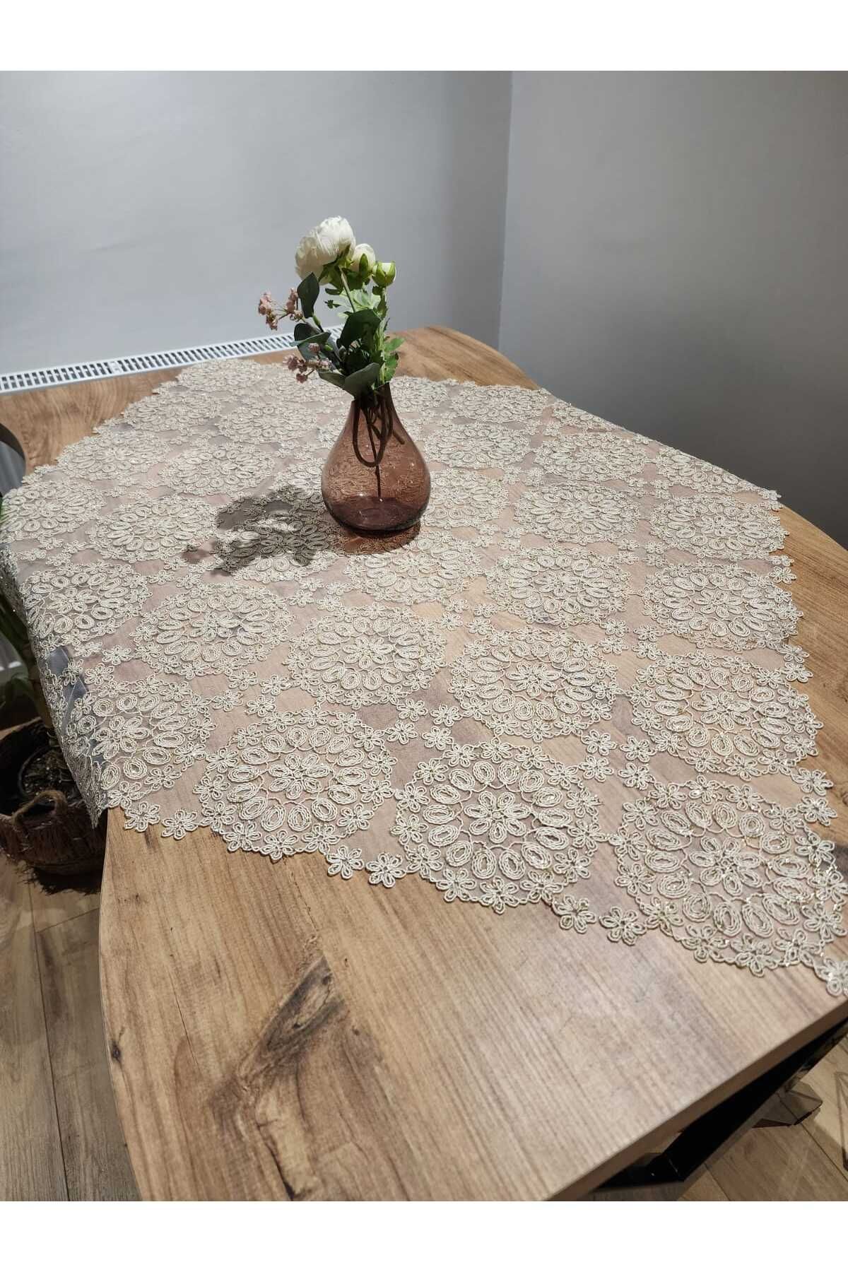 YALINSHOME EV tekstil lüx tasarım fiskos ve masa örtüsü dantel bej (sütlü kahve) 95x95cm