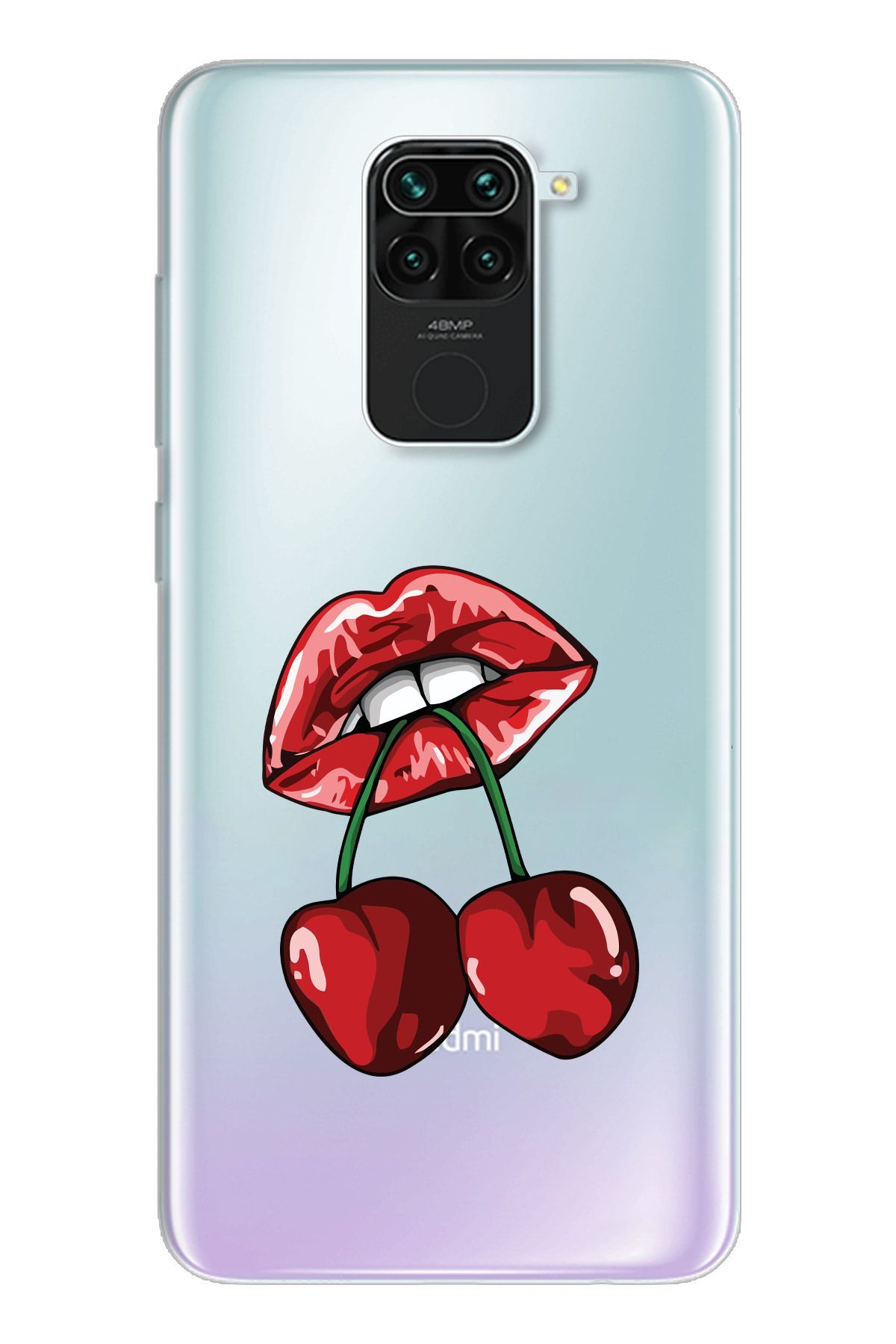 moonset Xiaomi Redmi Note 9 Uyumlu Dudak ve Kiraz Tasarımlı Baskılı Şeffaf Telefon Kılıfı