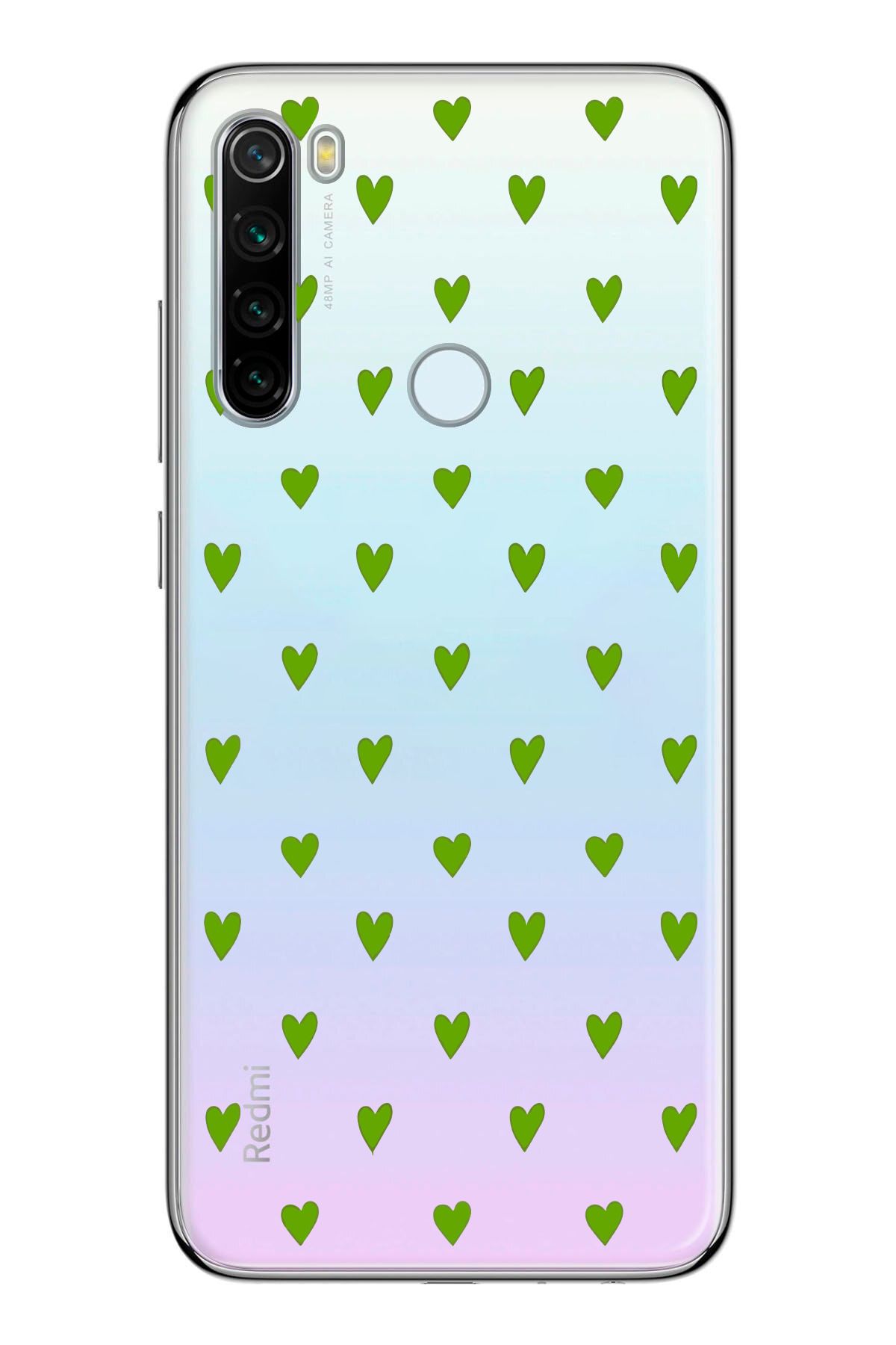 moonset Xiaomi Redmi Note 8 Uyumlu Yeşil Kalpler Tasarımlı Baskılı Şeffaf Telefon Kılıfı