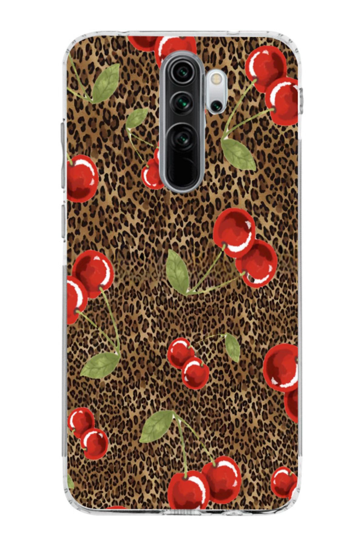 moonset Xiaomi Redmi Note 8 Pro Uyumlu Leopar ve Kiraz Tasarımlı Baskılı Şeffaf Telefon Kılıfı