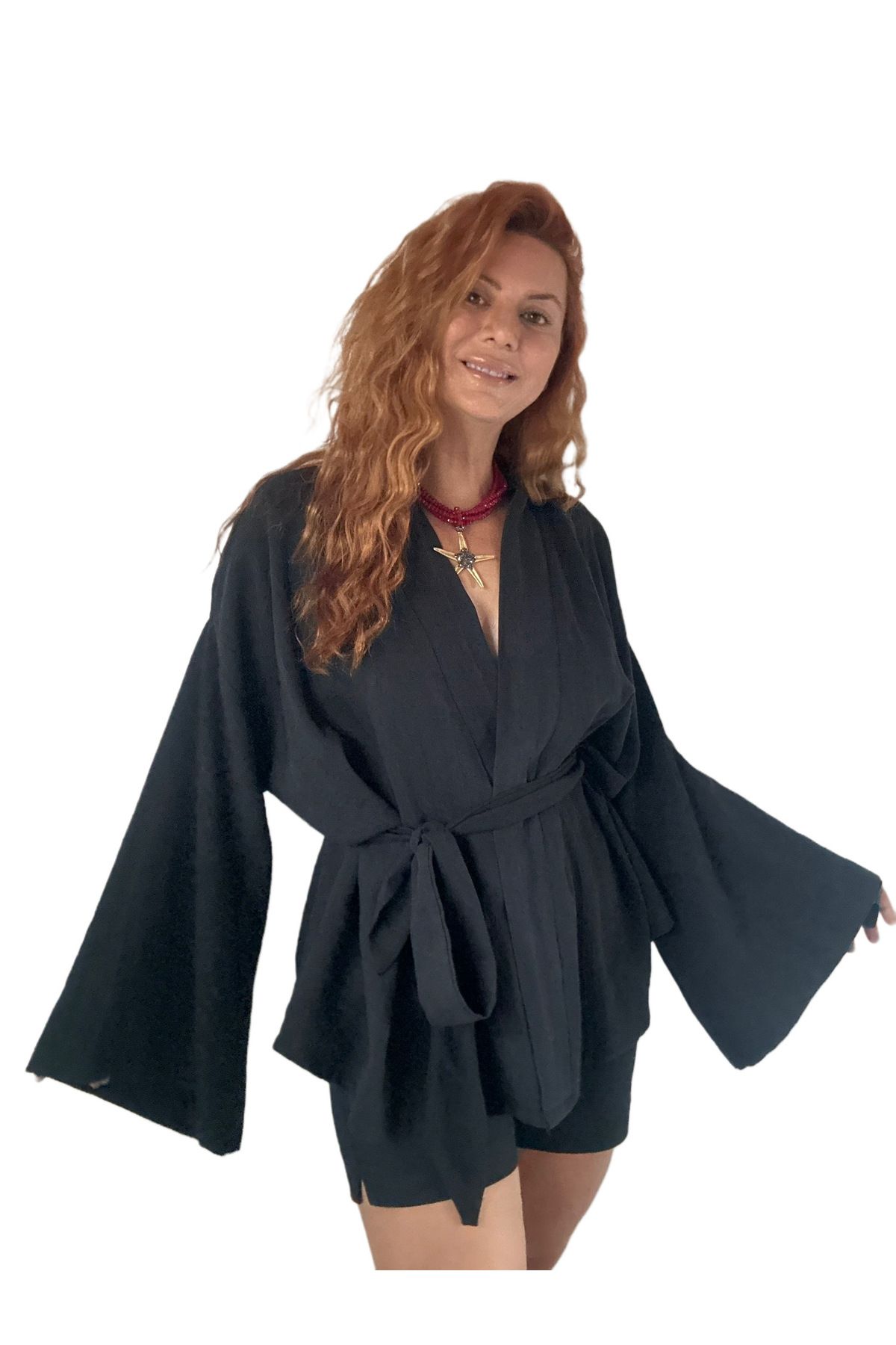 Şahika Gürkan To The Moon & Sun Siyah Keten Kimono Ceket