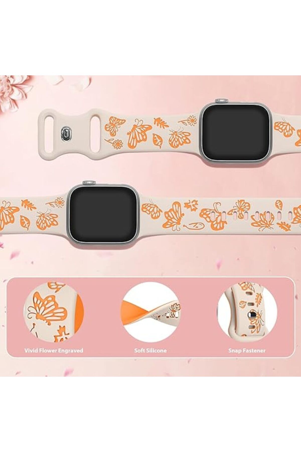 bbtech Apple Watch 42 44 45 46 49 mm Series 10 9 8 7 SE 6 5 4 3 Uyumlu Kelebek Desen Yumuşak Silikon Kordon