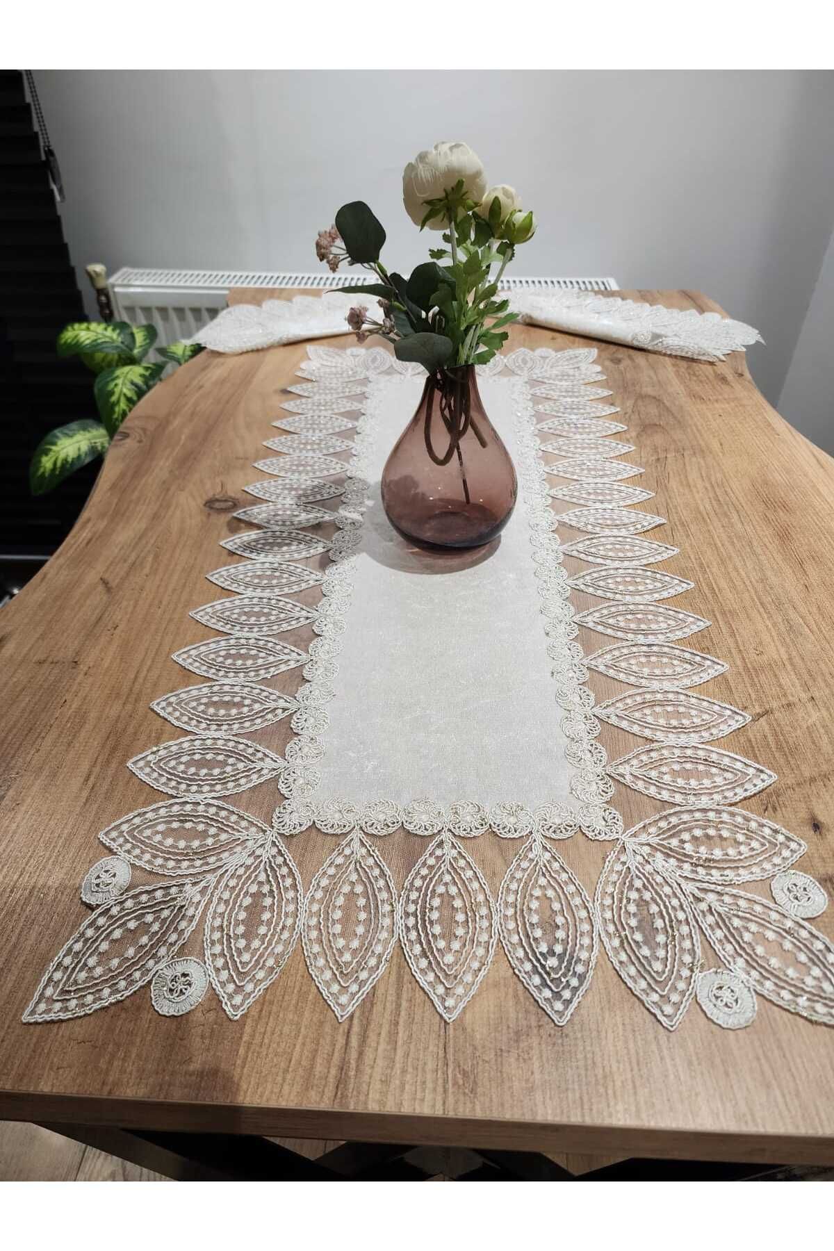 YALINSHOME LÜX tasarım 3 lü set dantel nakış işlemeli RUNNER:95X40 PEÇETE:40X40