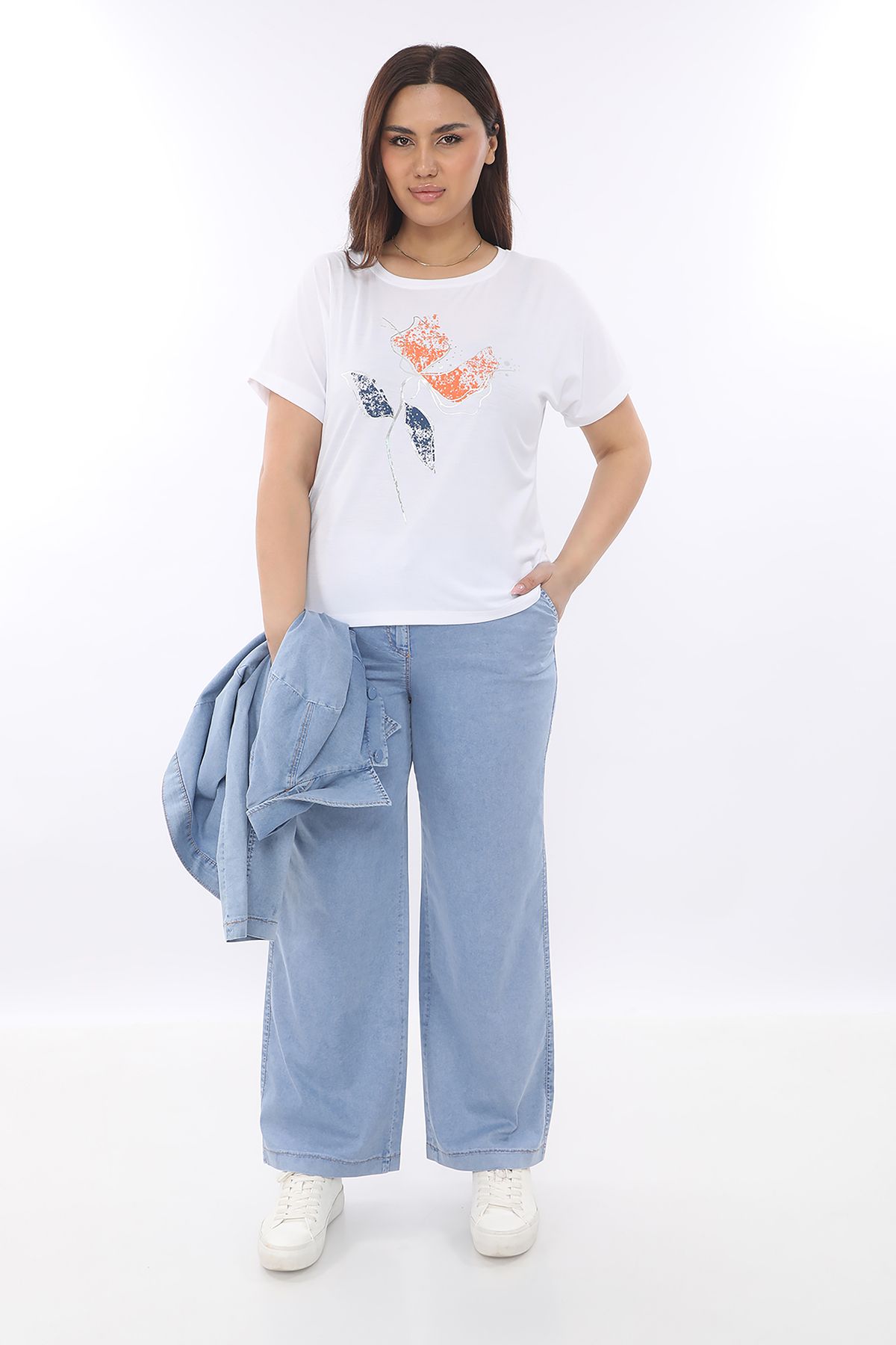 EXİTLİNE Kadın Denim Üçlü Takım Buz Mavisi Ceket Pantolon Tshirt