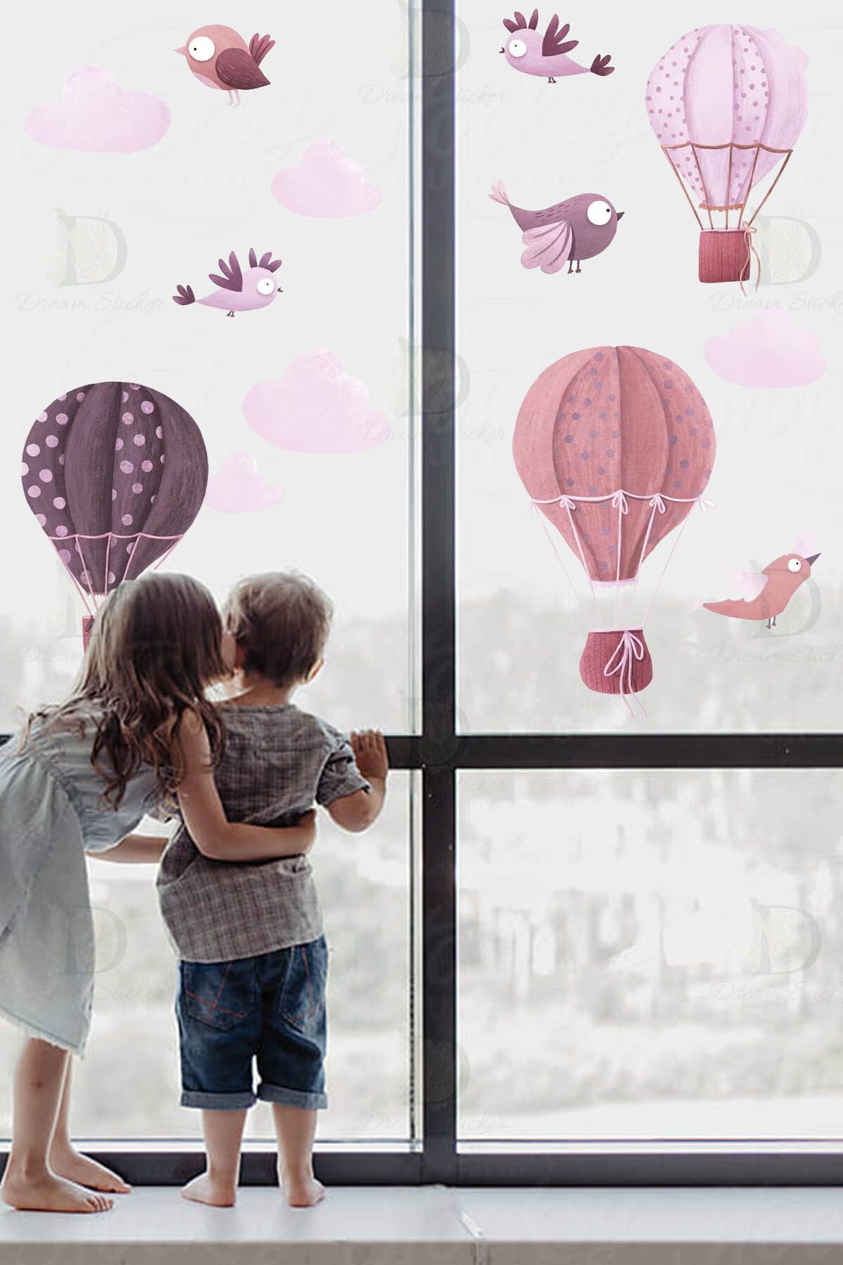 KT Decor Gökyüzü Rüyası Soft Renk Balonlar Kuşlar ve Bulutlar Çocuk Odası Duvar Sticker Seti