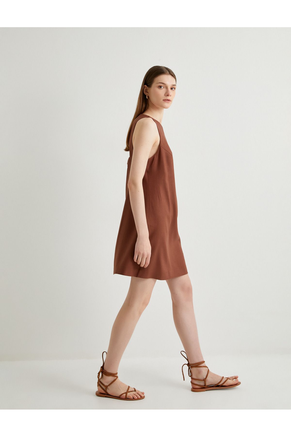 NİSAYCOLLECTİON Bisiklet yaka A kesim mini keten elbise