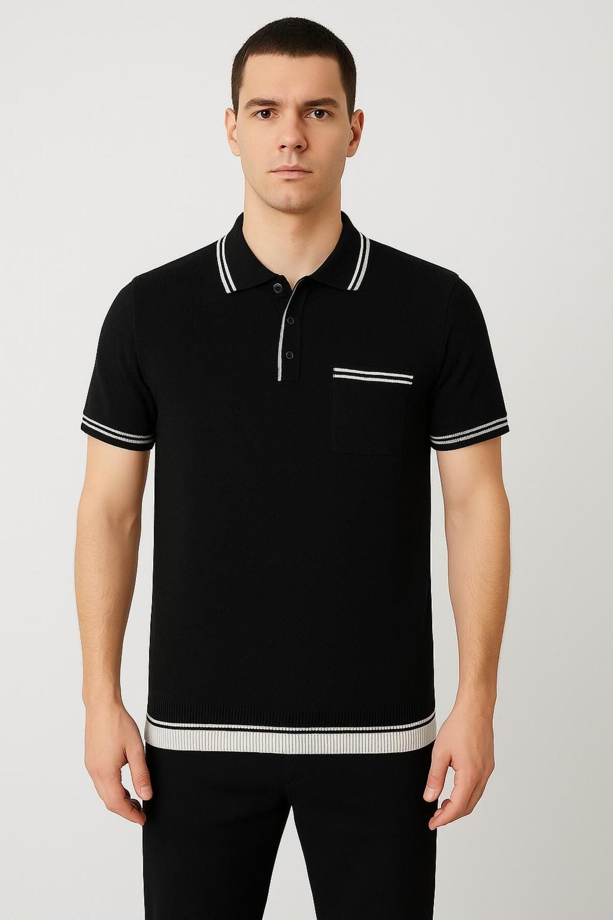 sovl Siyah Düğmeli Erkek Triko Tişört T Shirt