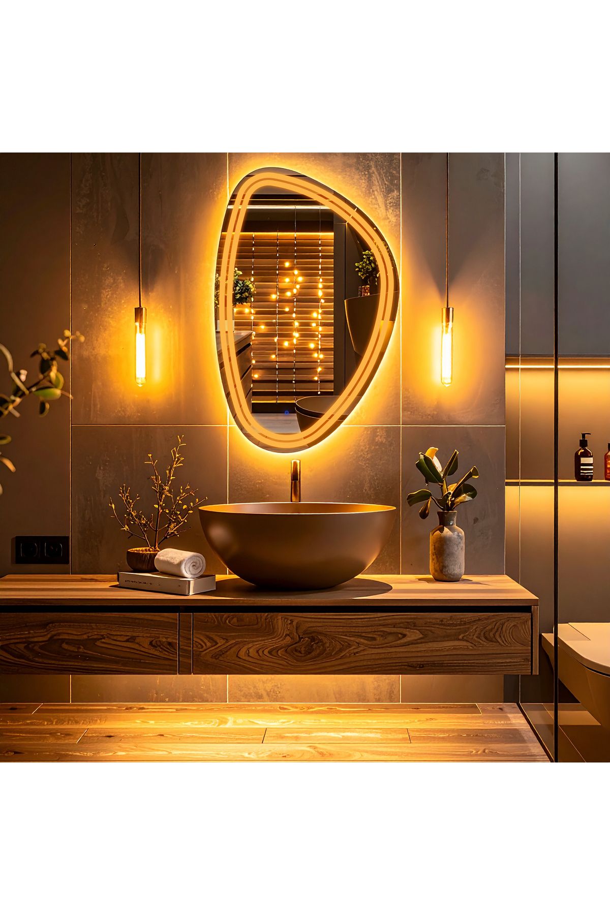 lumora mirror design Elan Asym Amber Led'li Kumlamalı Lavabo & Banyo Aynası (Dokunmatik Sensörlü)