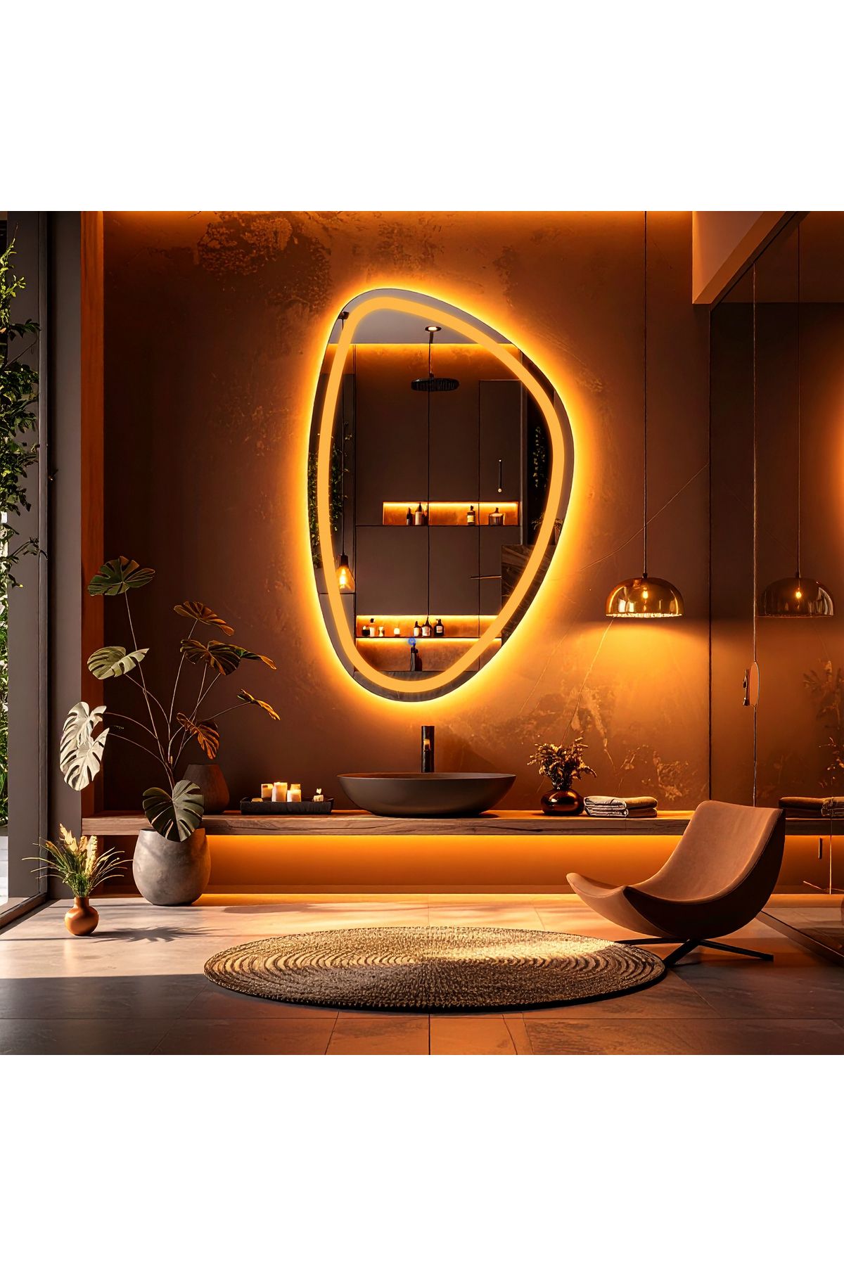lumora mirror design Diagonale Amber Led'li Kumlamalı Lavabo & Banyo Aynası (Dokunmatik Sensörlü)