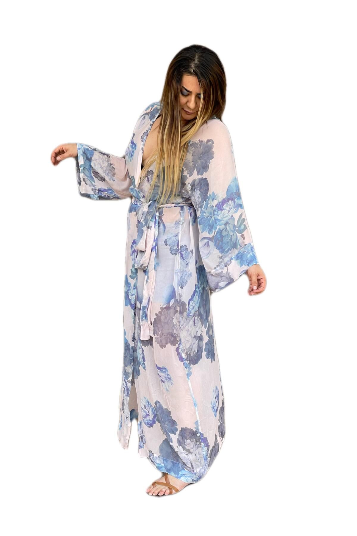 Şahika Gürkan To The Moon & Sun Çiçek Desenli İpek Şifon Uzun Kimono Ceket