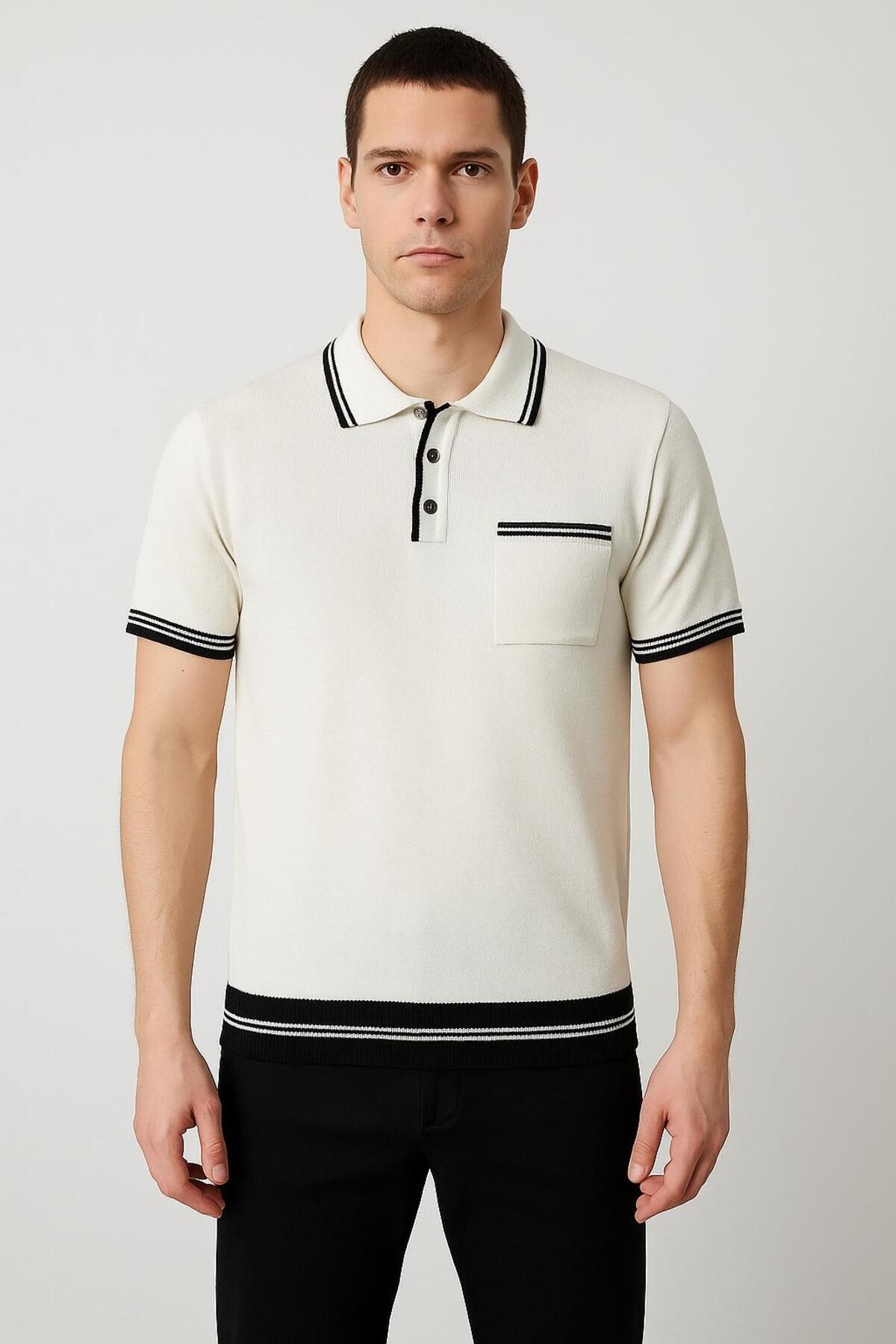 sovl Siyah Düğmeli Erkek Triko Tişört T Shirt