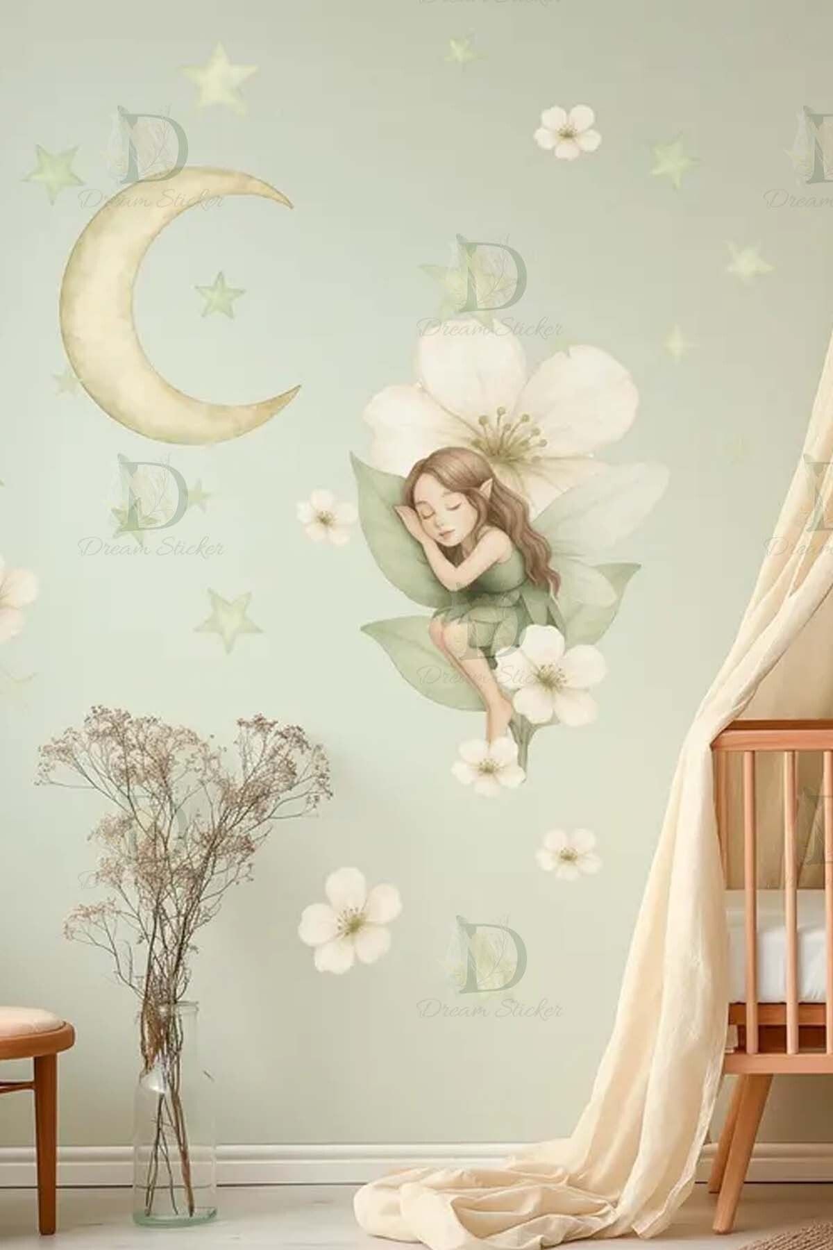 KT Decor Peri Masalı Yeşil Doğa Perisi Sulu Boya Çocuk Odası Duvar Sticker Seti