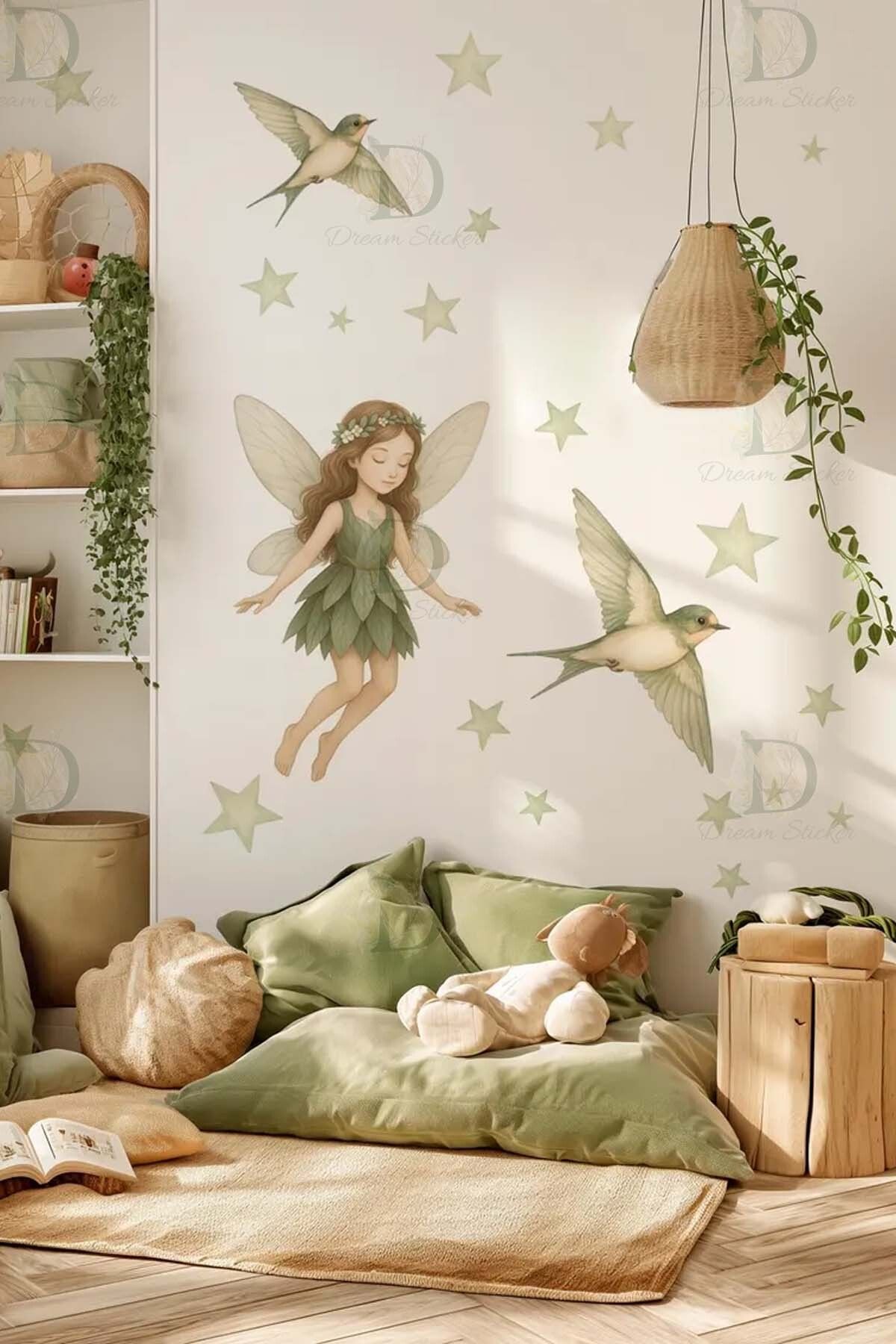 KT Decor Peri Masalı Yeşil Doğa Perisi Sulu Boya Çocuk Odası Duvar Sticker Seti