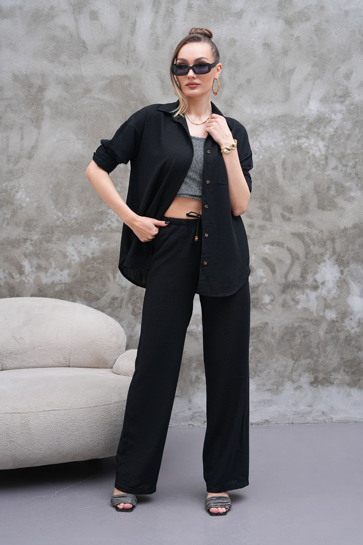 H&A İSTANBUL kadın oversize keten karışımlı kombin takim gömlek & bol paça pantalon