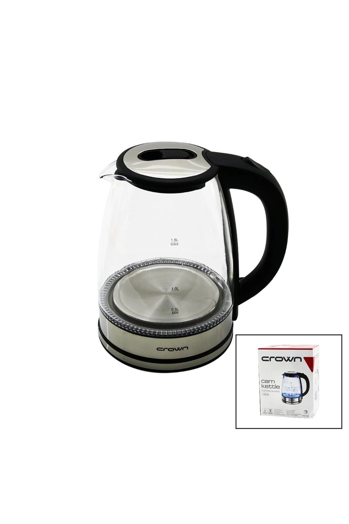 TİMİON Cam - Ledli Kettle 1.8lt 1500w Çelik Taban - Krom Kapak 360° Gövde Plastik Kulp (4172)