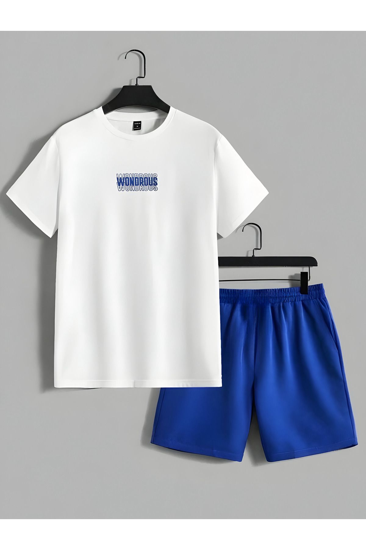 SeusCraft Wondrous T-Shirt Şort - Beyaz Sax Mavi Alt Üst Takım Şort Tişört Kombin Baskılı Bisiklet Yaka