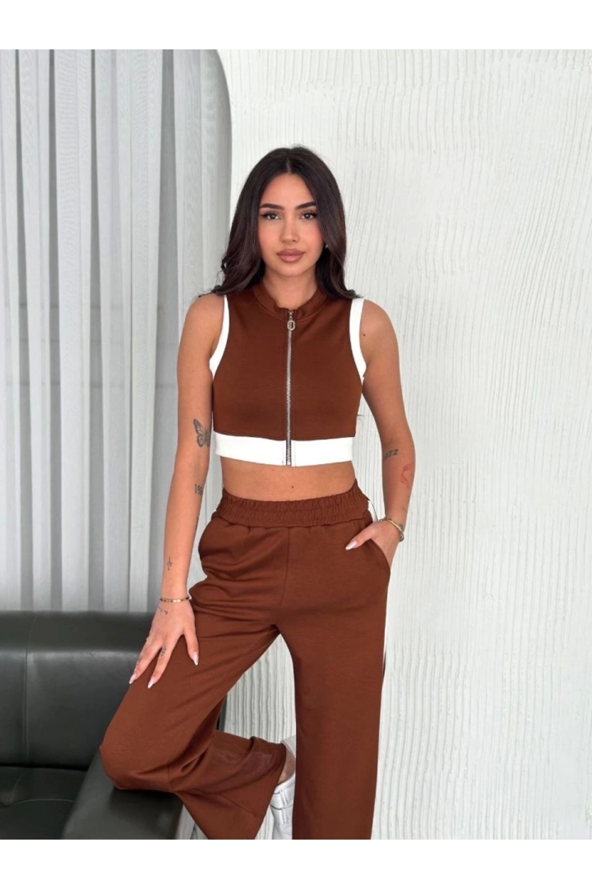 nedo7 Osy Modal Yumuşak Dokulu Kumaş Tam Fermuarlı Crop Pantalon İkili Takım - Kahverengi