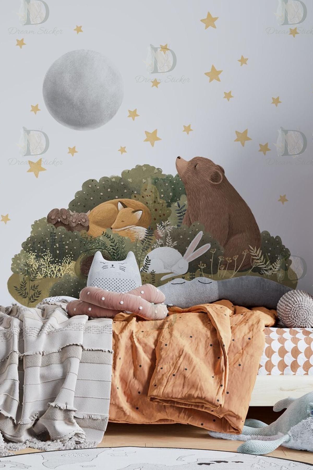 KT Decor Orman Arkadaşları Ayıcık Tilki Tavşan Kirpi Dolunay ve Yıldızlar Duvar Sticker Seti