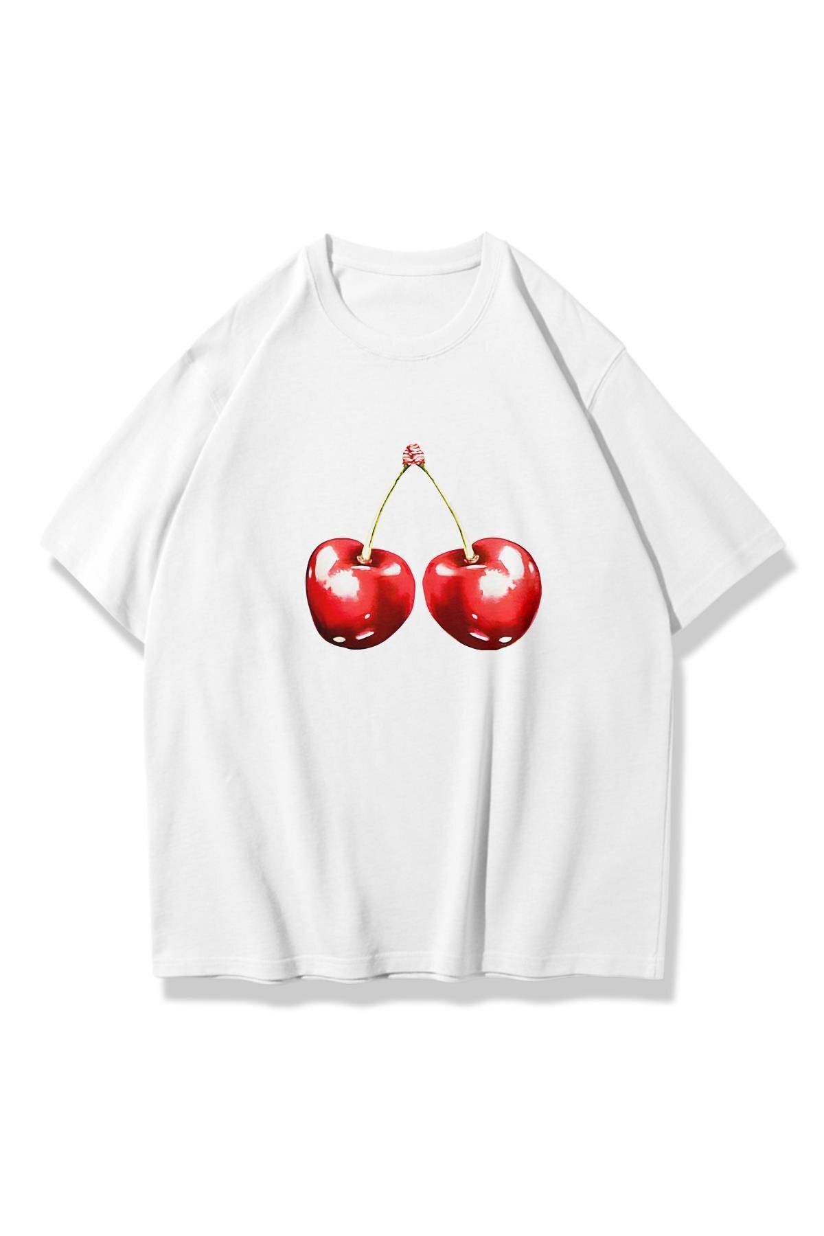 SeusCraft Beyaz Büyük Kiraz Tişört - Baskılı Oversize Yazlık Kısa Kol T-Shirt Bisiklet Yaka