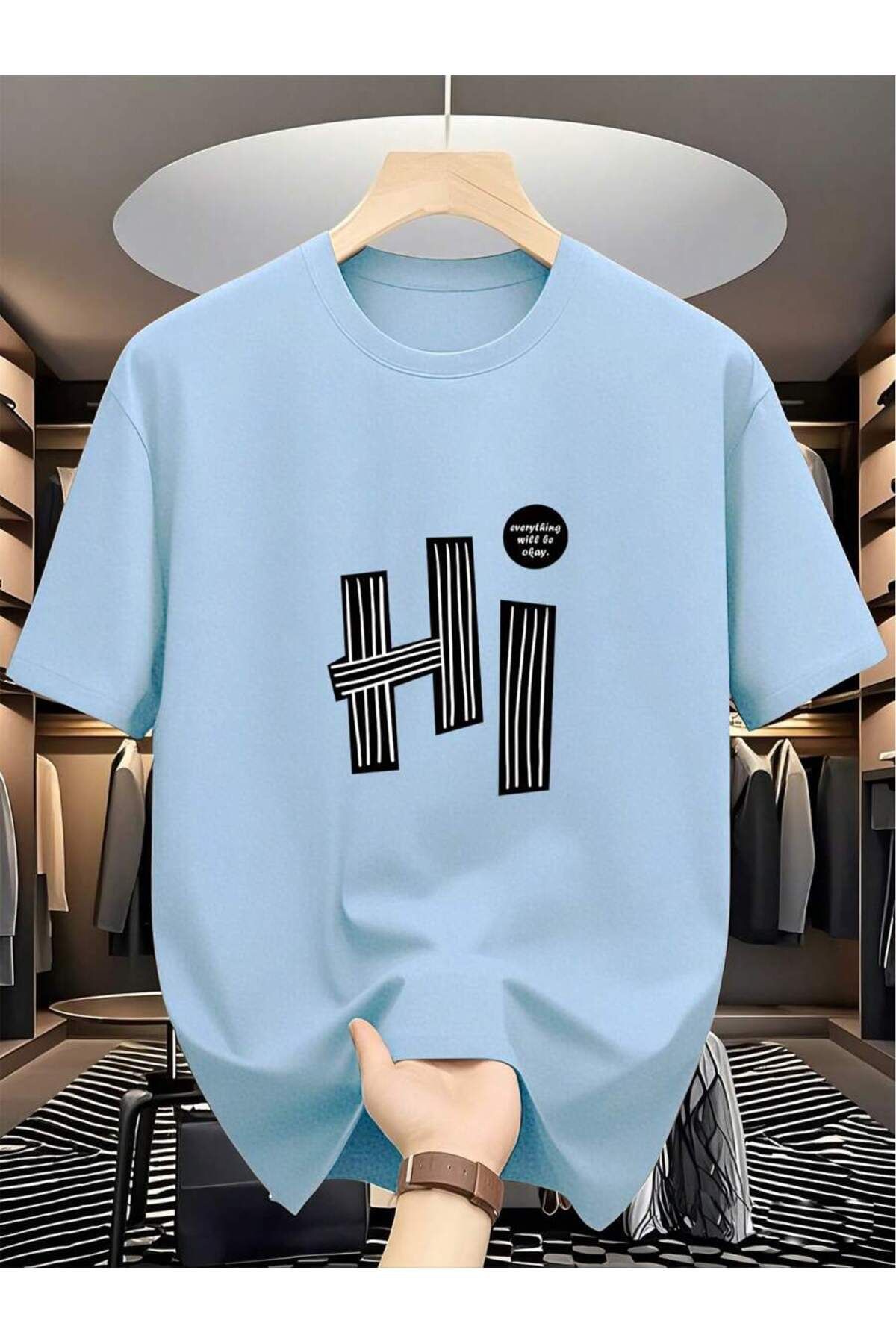 SeusCraft Bebe Mavi Hi Tasarım Tişört - Baskılı Oversize Yazlık Kısa Kol T-Shirt Bisiklet Yaka